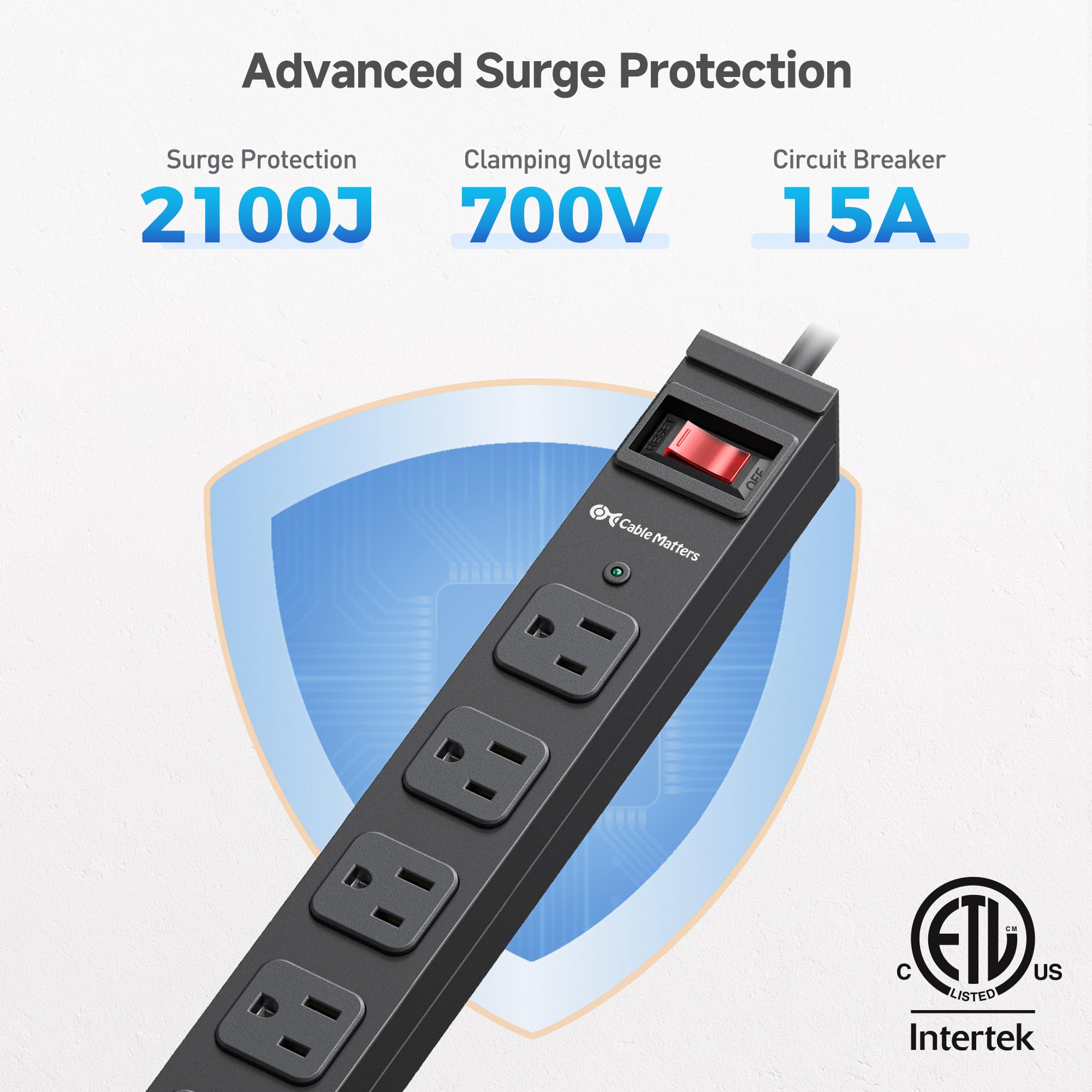 [ETL Certified] Cable Matters Wall-Mountable 8 Outlet Power Strip - 8ft Cord, Metal, 2100J Surge Protector with 15A Circuit Breaker, Industrial Power Strip Surge Protector for Garage, Workshop, Black 4