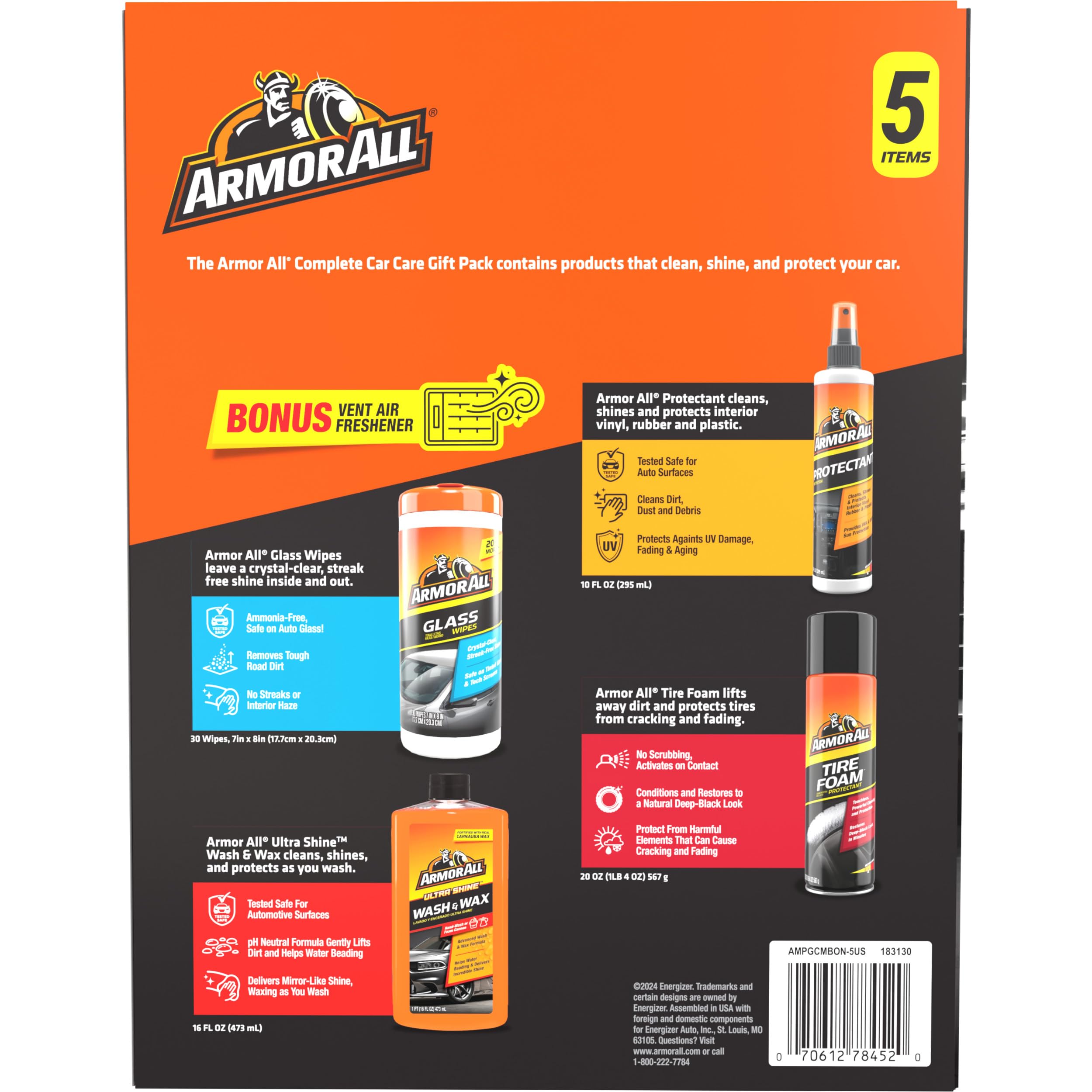 Armor All Car Wash and Car Cleaner Kit by Armor All, Includes Glass Wipes, Car Wash & Wax Concentrate, Protectant Spray and Tire Foam 6