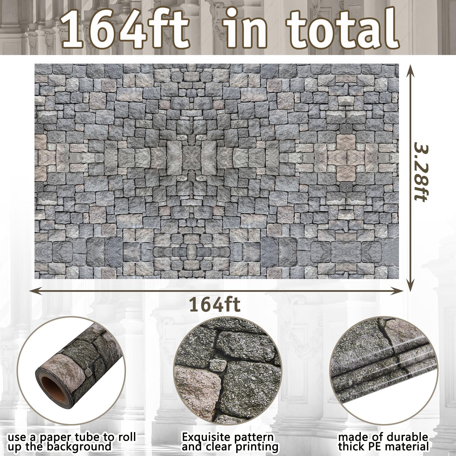 164 ft Brick Wall Backdrop Stone Wall Scene Setter Medieval Castle Wallpaper Curtains Door Cobblestone Tablecloth Photo for Halloween Wallpaper Medieval Party Decor Castle Knight Themed Party Supplies 4