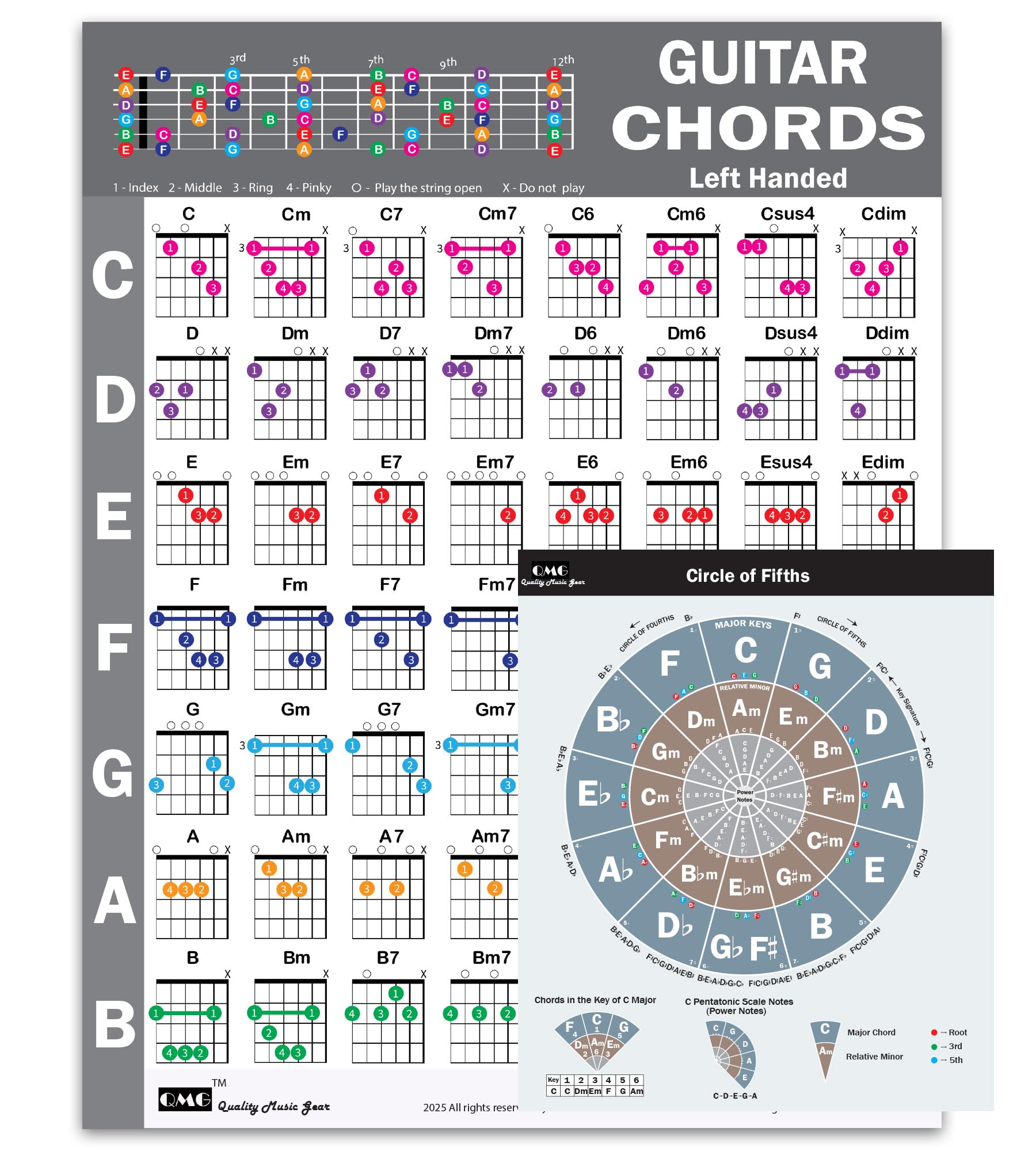 QMG Left Handed Guitar Chords Cheatsheet and Circle of Fifths Chart – Laminated A4 Music Theory Chart for Beginners 1