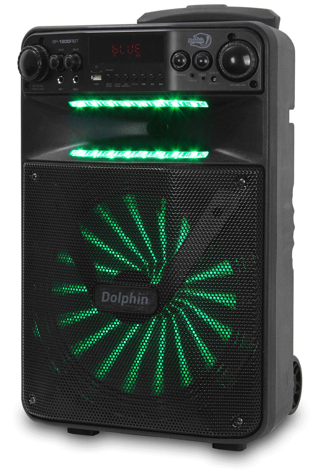 Dolphin SP-1200RBT Portable Party Bluetooh Speaker w/Remote Control and Sound Activated LED Light Show, 12", Long Lasting Battery 5