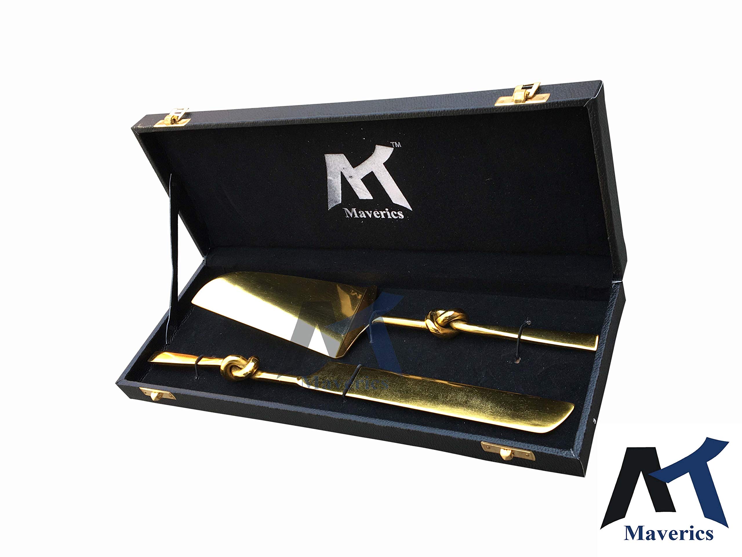 Maverics Cake Cutter Knife and Server Spatula Set of 2 | Single Knot Handle Design | Brass Gold Plated | Stainless Steel Cake Cutting Knife & Pie Server | Wedding, Birthday & Gifting 3