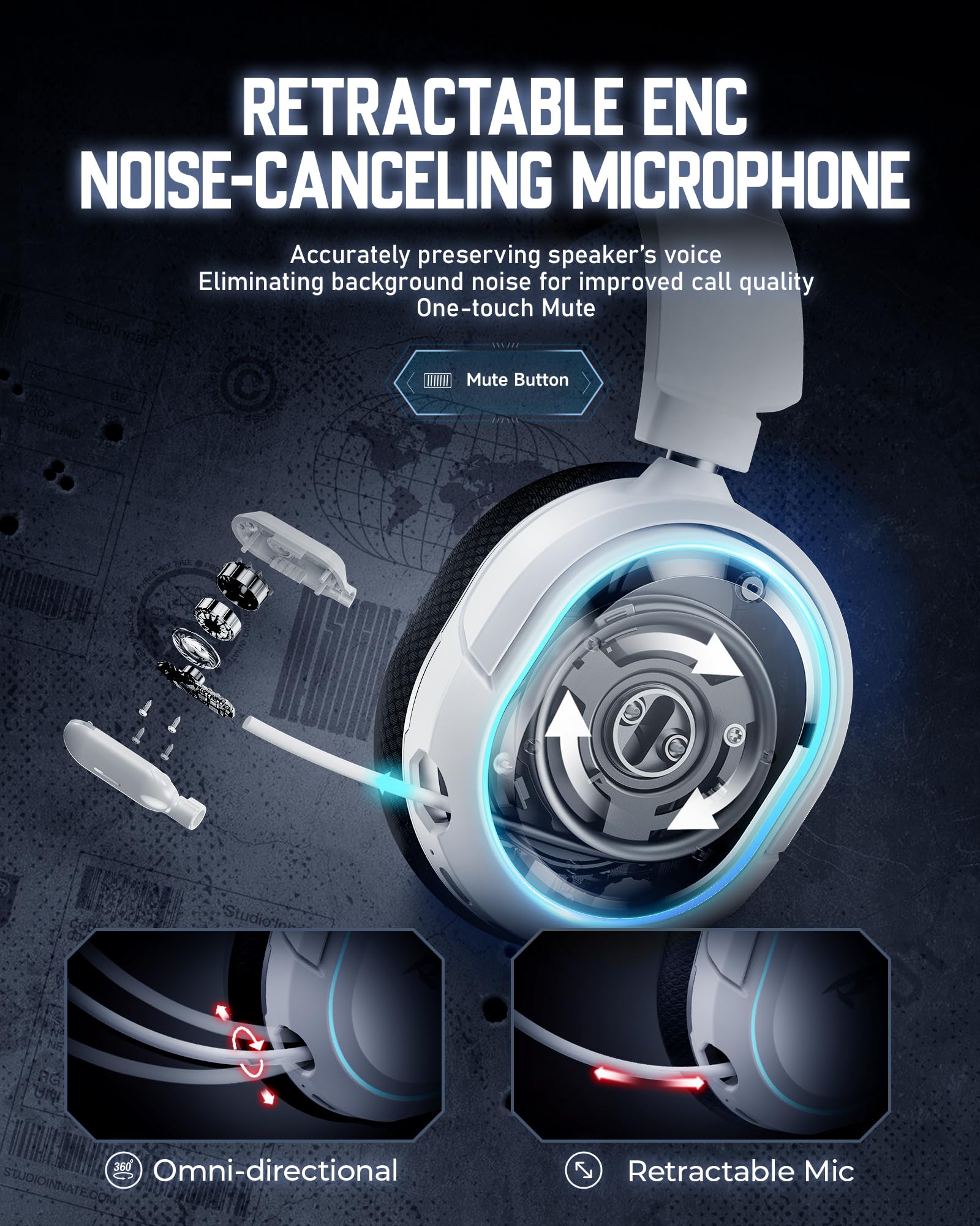 Wireless Gaming Headset, 7.1 Surround Sound, 2.4GHz USB Gaming Headphones with Bluetooth 5.4, 100H Battery, ENC Noise Canceling Mic, RGB Light, Wireless Headset for PC PS5 PS4 Mac Switch (Black-White) 6