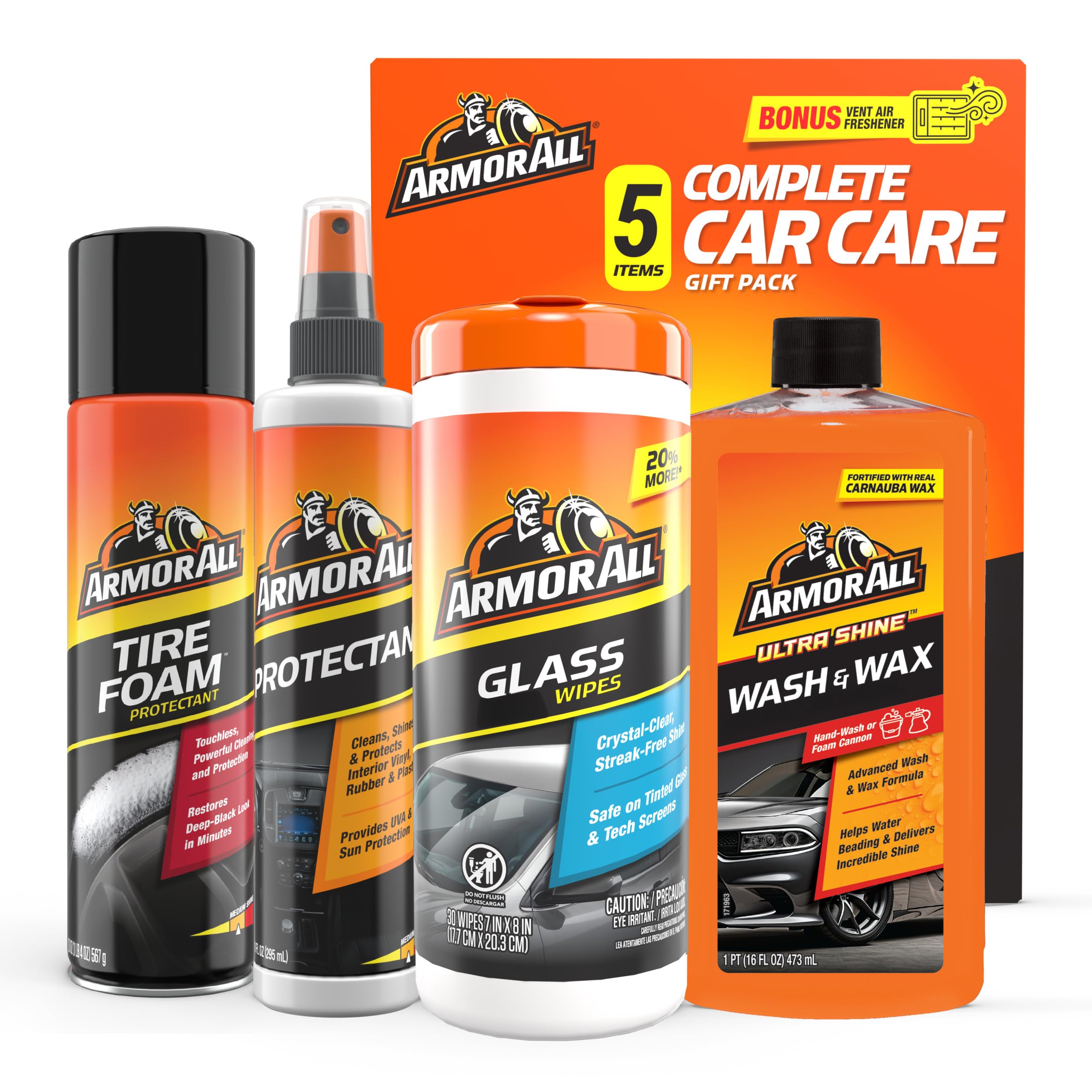 Armor All Car Wash and Car Cleaner Kit by Armor All, Includes Glass Wipes, Car Wash & Wax Concentrate, Protectant Spray and Tire Foam 1