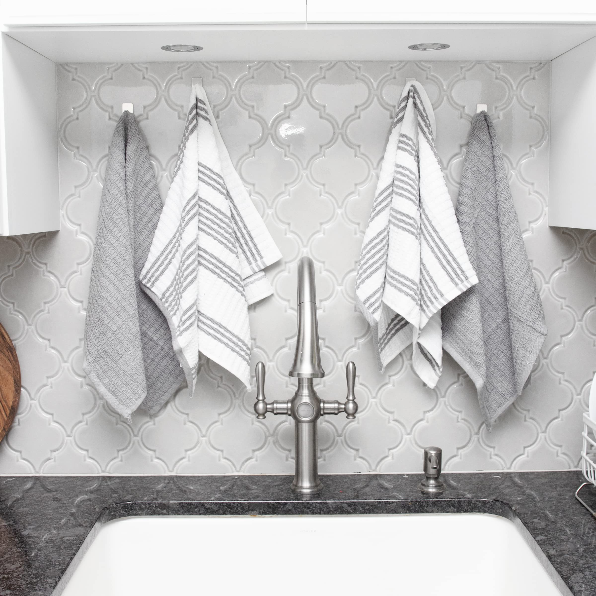 T-fal Premium Kitchen Towel (4-Pack), 16"x26" Highly Absorbent, Super Soft Long Lasting 100% Cotton Solid/Check Hand Towels, Tea Towels, Gray 6