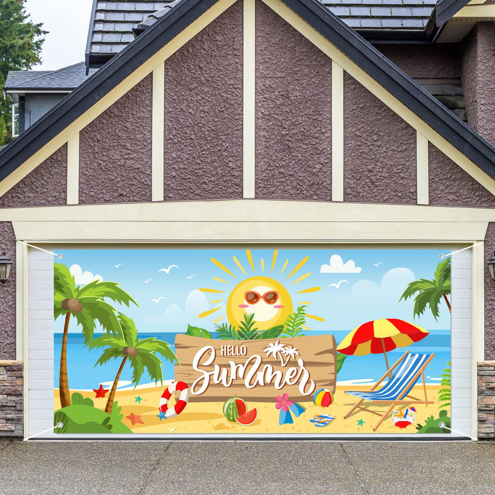 Whaline Hello Summer Garage Door Banner Beach Scenery Garage Door Cover 6x13Ft Summer Backdrop Decoration for Hawaiian Pool Party Indoor Outdoor Wall Door House Background Decor 4