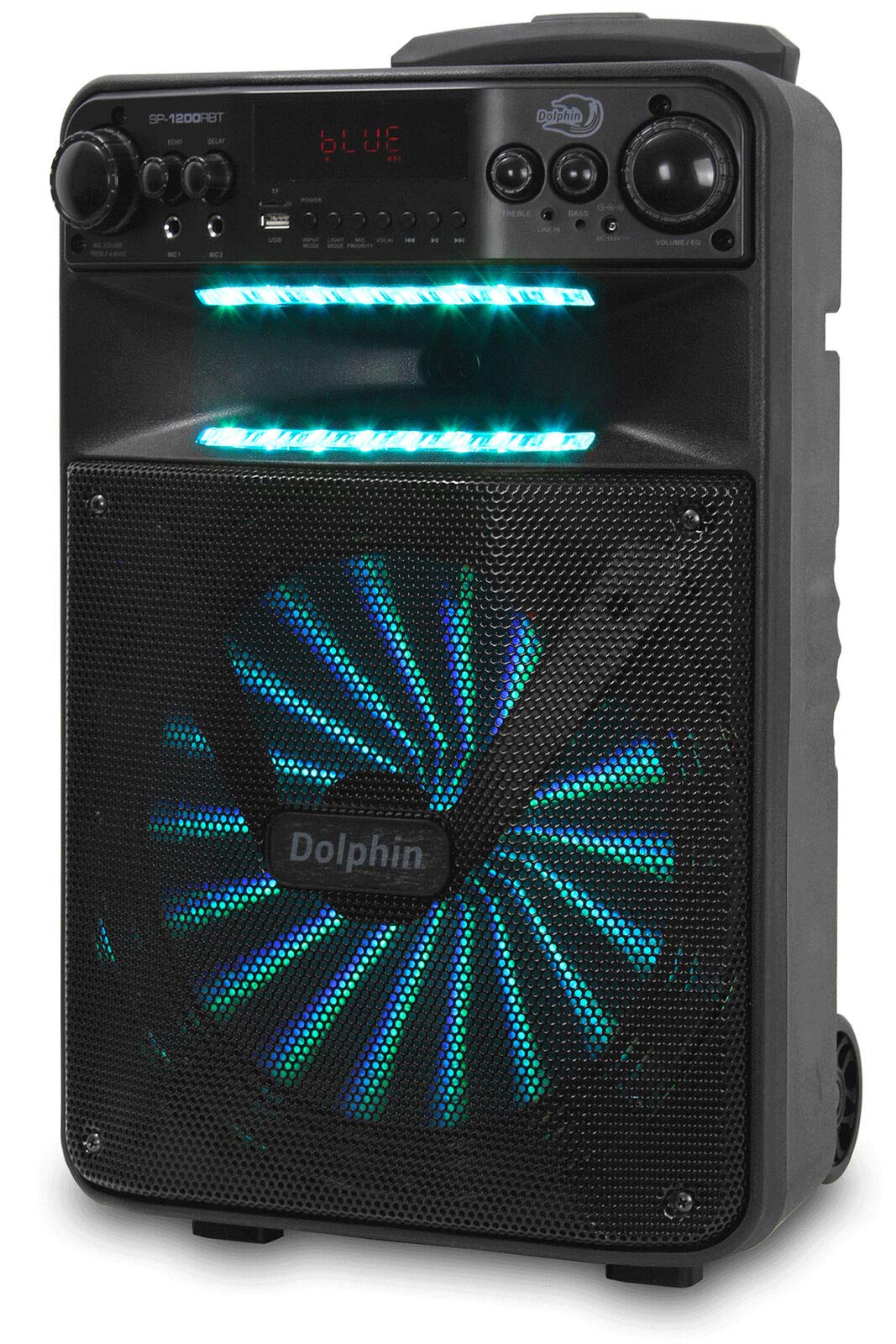 Dolphin SP-1200RBT Portable Party Bluetooh Speaker w/Remote Control and Sound Activated LED Light Show, 12", Long Lasting Battery 6