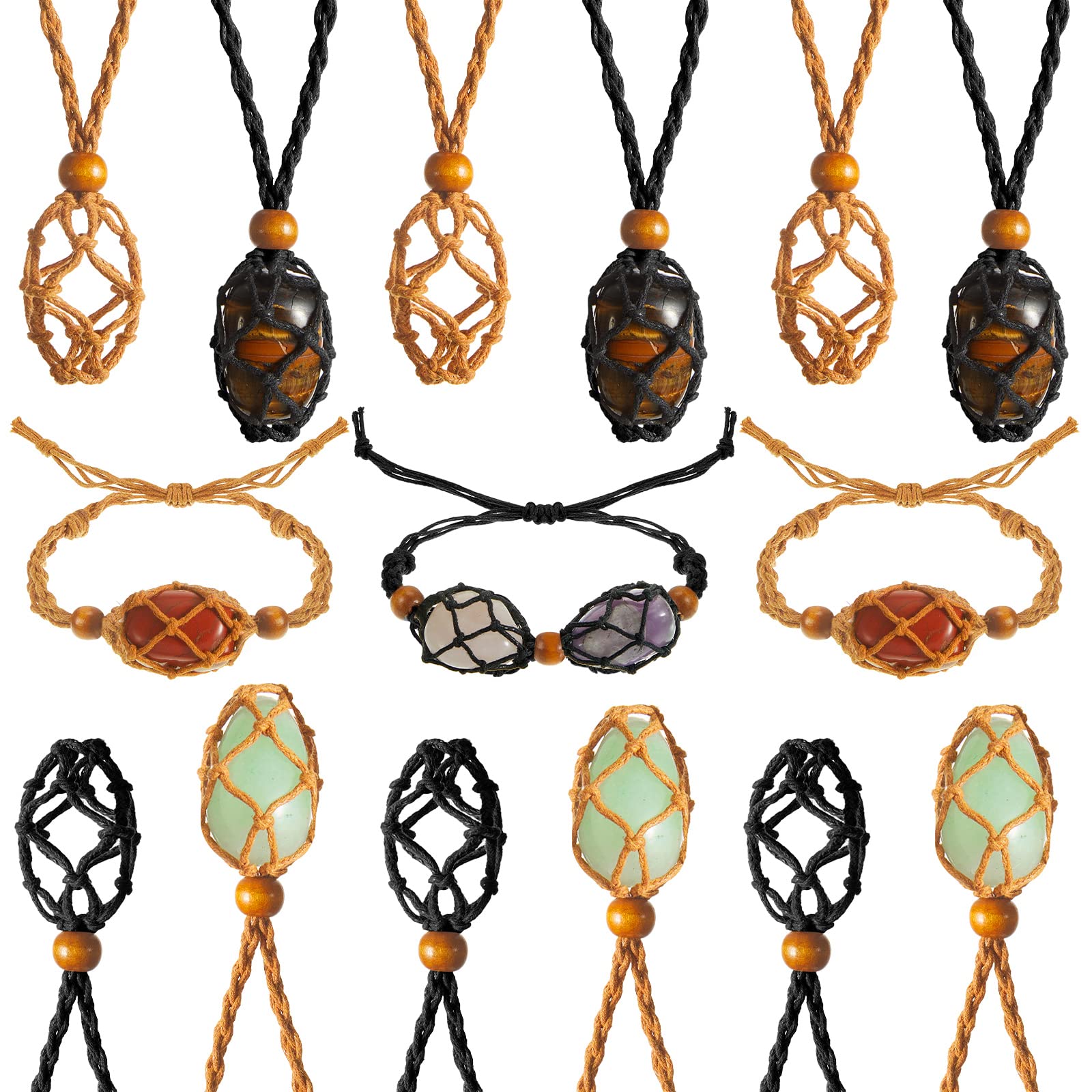 Fabbay 8 Pcs Adjustable Crystal Necklace Holder and Bracelet Set Crystal Cage Necklaces Empty Bracelet Holder Quartz Stone Cage Cords for DIY Jewelry Making Gift Supplies, Black and Brown 1