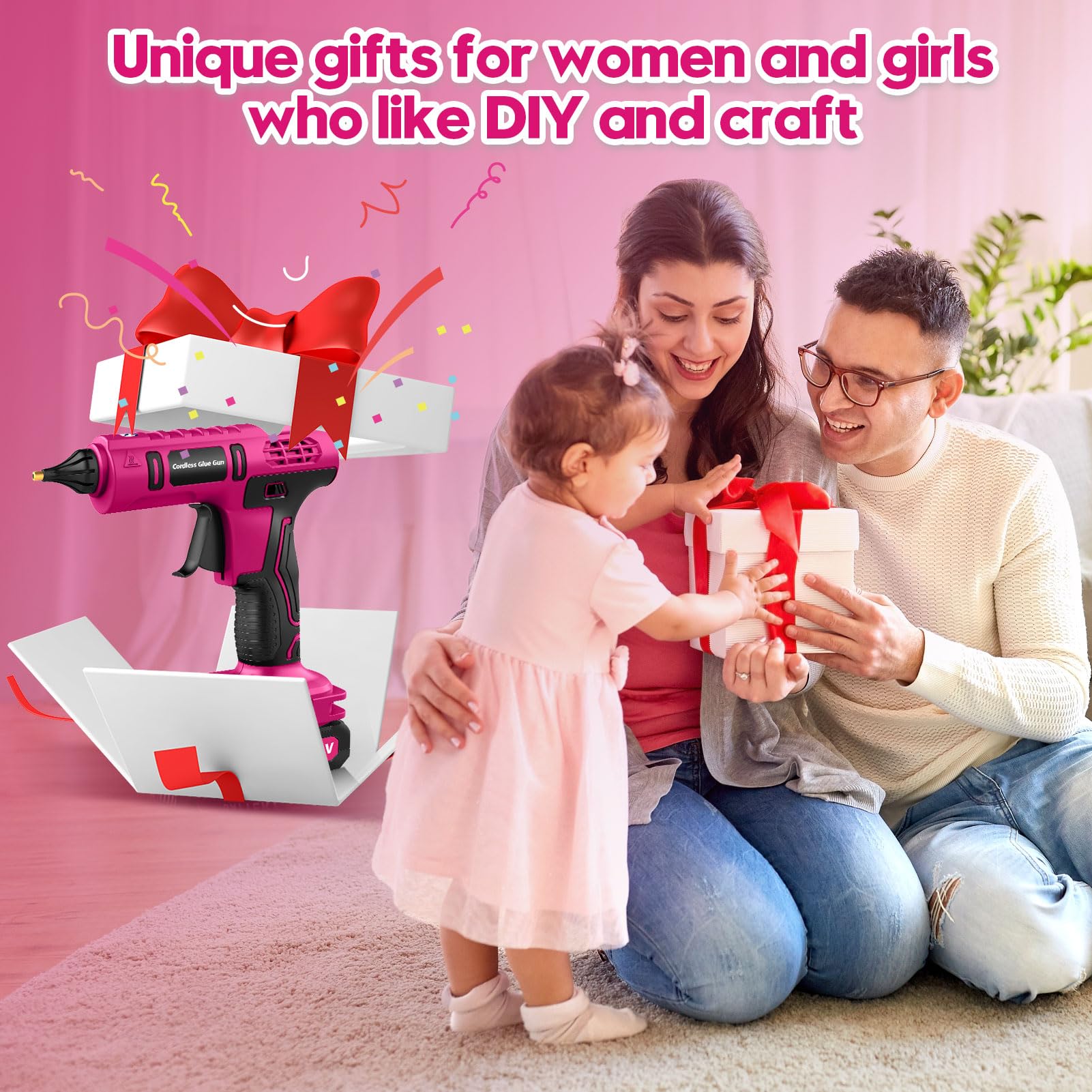 100W Cordless Hot Glue Gun Cordless & Rechargeable(Battery Included), 20V Pink Full Size Hot Glue Gun Kit with Charger, Wireless Hot Glue Gun Sticks Set with 12pcs 0.43'' Glue Sticks for Crafts & DIY 3