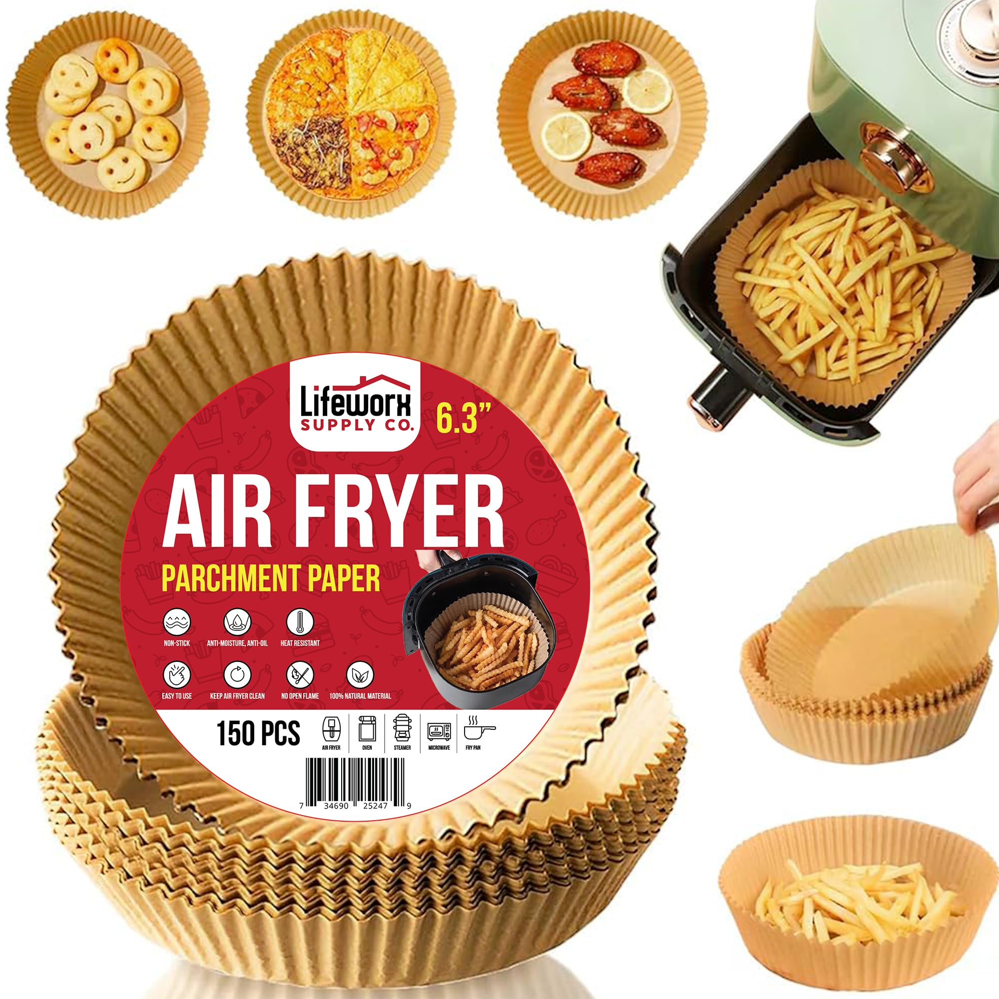 Air Fryer Disposable Paper Liners, 150 Pcs All-Natural, Non-Stick, Oilproof, Waterproof Parchment Paper for 3-5 Qt Air Fryer, Easy Use & Cleanup for Baking, Roasting, Microwave, Steamer (6.3" Round)