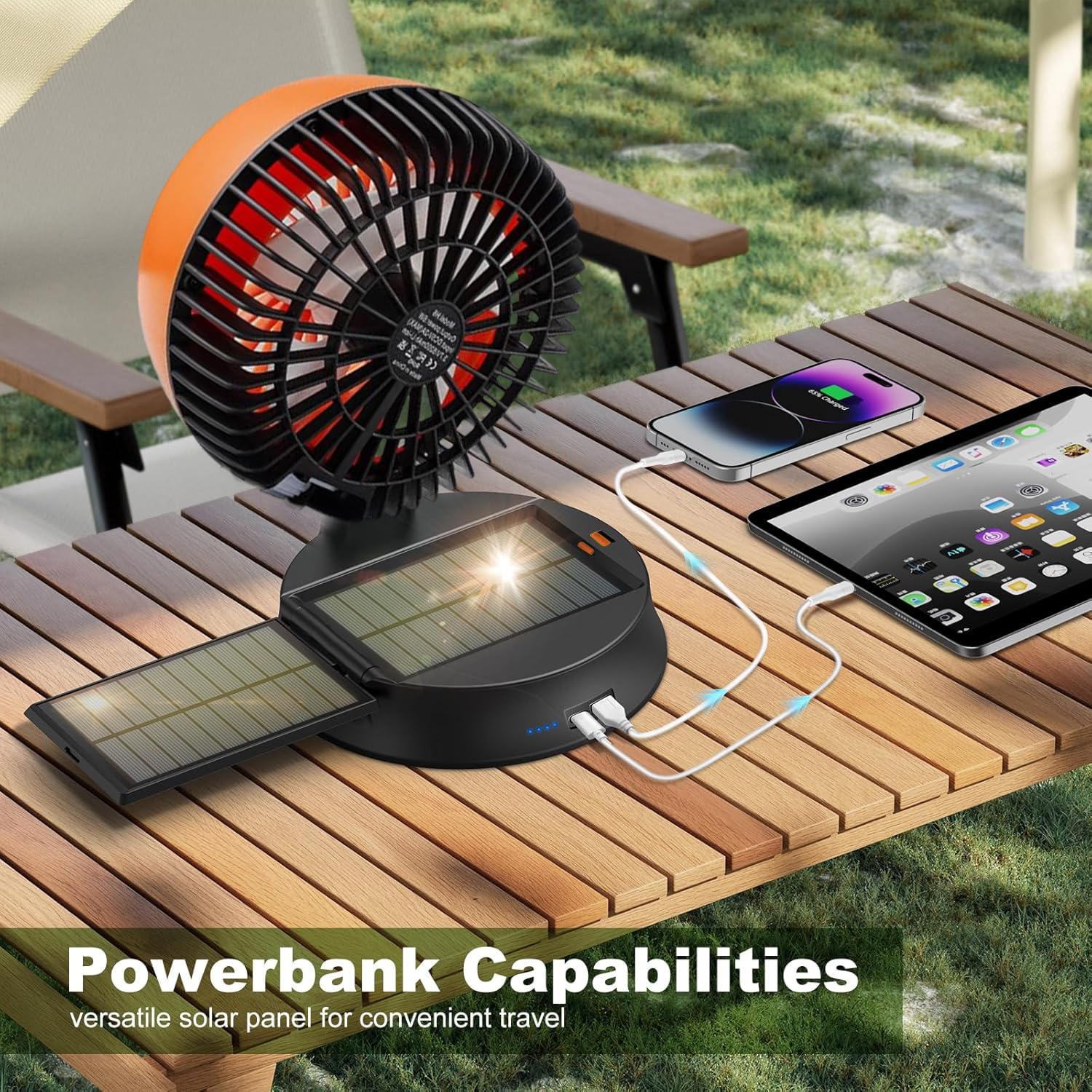 Solar Powered Fan with Lights, Portable Solar Camping Fan Rechargeable Battery Powered, 4 Speeds Quiet Detachable Panel Camping Essentials for Office Outside Tent Travel BBQ Fishing Hurricane Outages 6