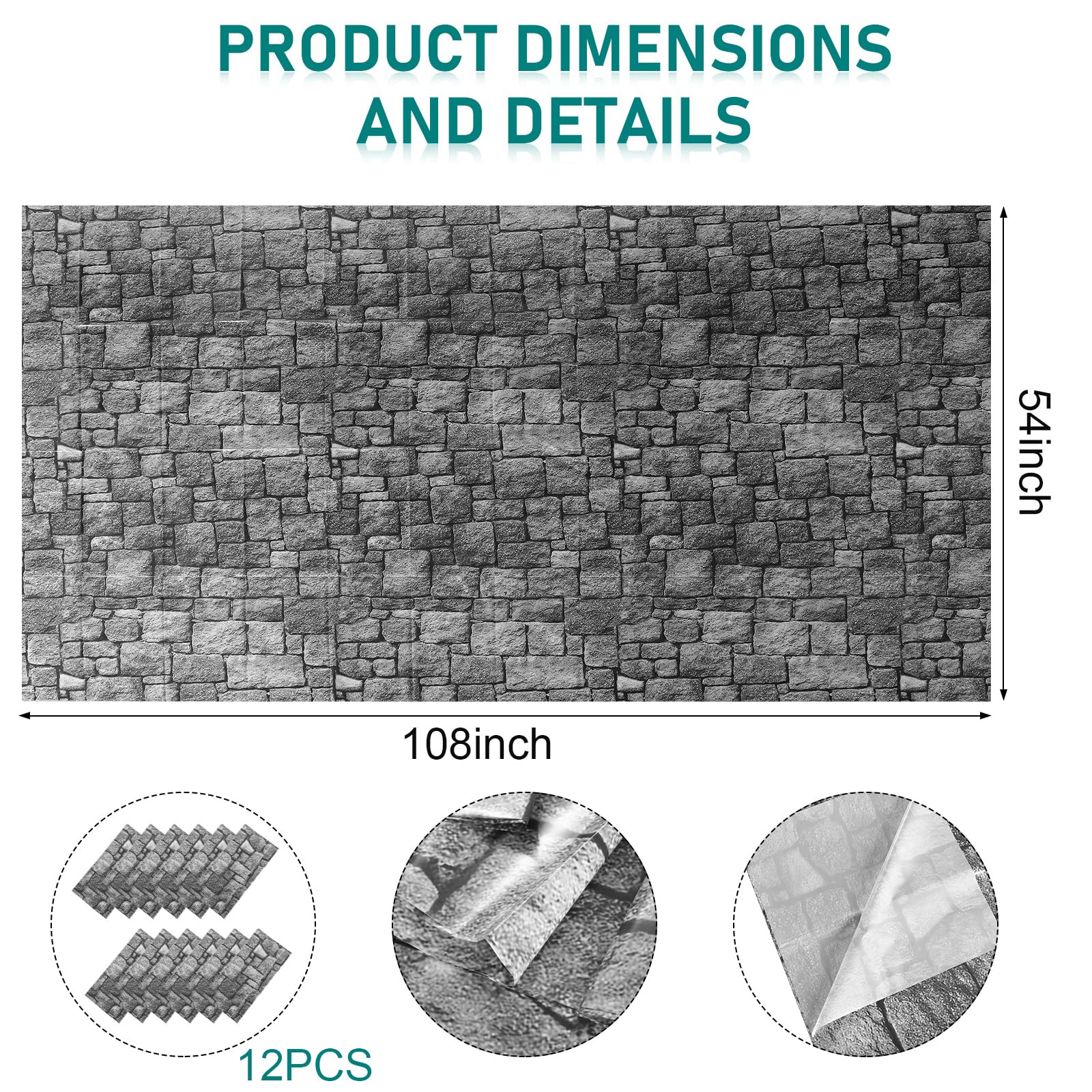 12 Sheets 4.5 x 9 Feet Brick Stone Wall Backdrop Tablecloths Halloween Medieval Castle Party Decorations Wallpaper Curtains Door Removable Brick Photo Backdrop for Winter Christmas Party (Dark Gray) 3