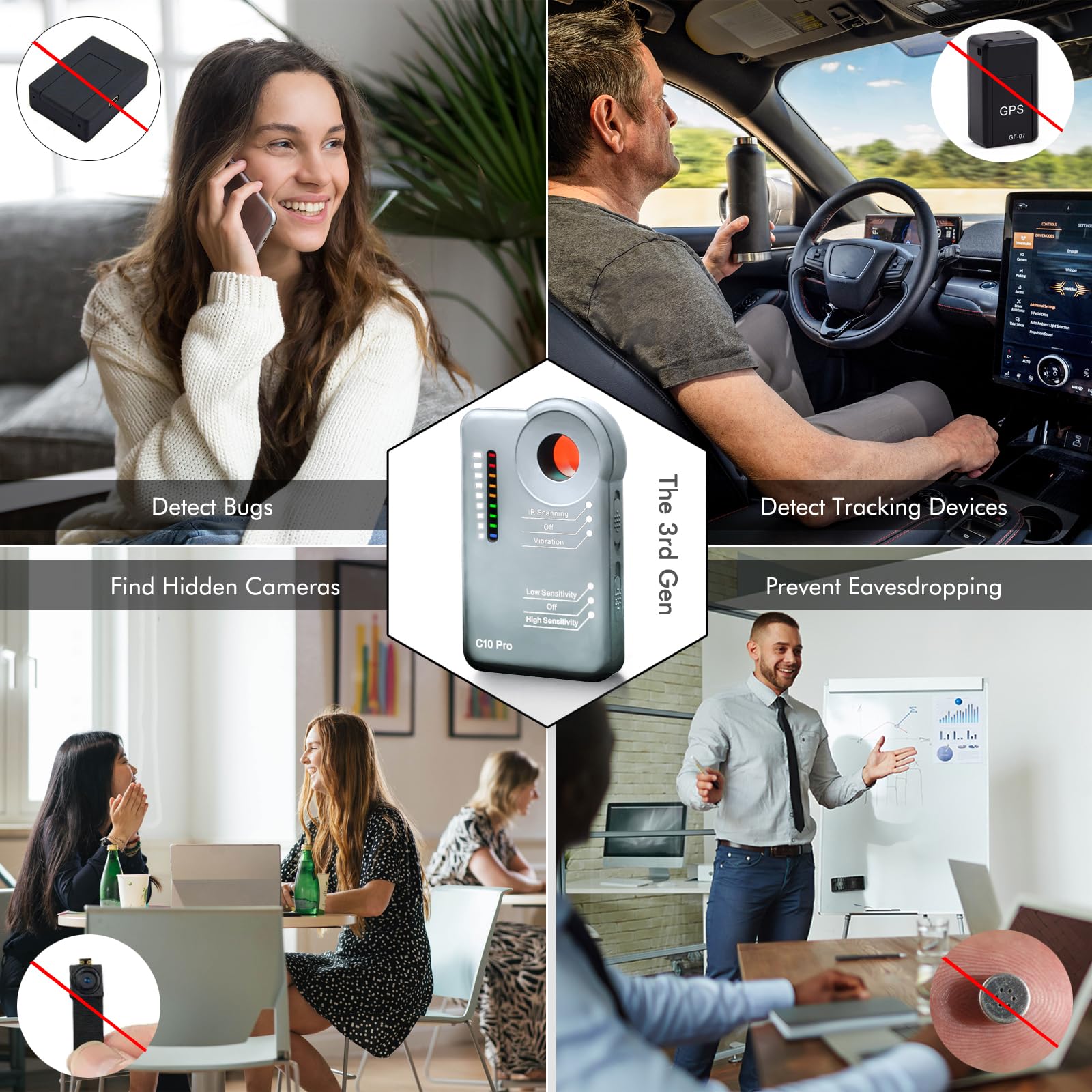 Apantimx 2025 Upgraded Camera Detector Professional Bug RF Detector Hidden Camera Finder Anti Spy Sweeper Portable GPS Tracker Listening Device Signal Scanner for Home Office Car Travel Hotel (Gray) 6