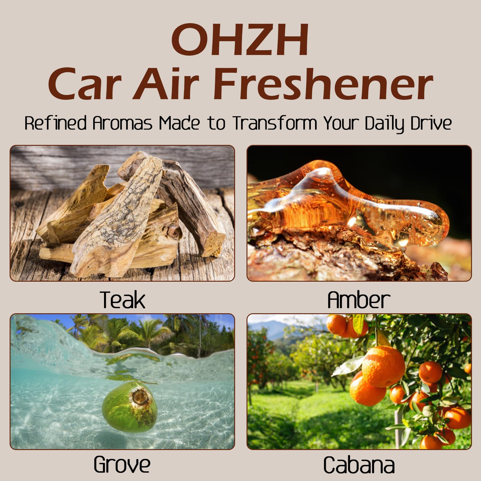 Car Air Freshener-The Original Wood Air Freshener-Car Odor Eliminator for Visor Clip-Long Lasting Scent,Vehicle Scent Diffuser for Truck & SUV-Pack of 4 (Teak-Amber-Cabana-Grove) INCLUDED 2 CLIPS 5