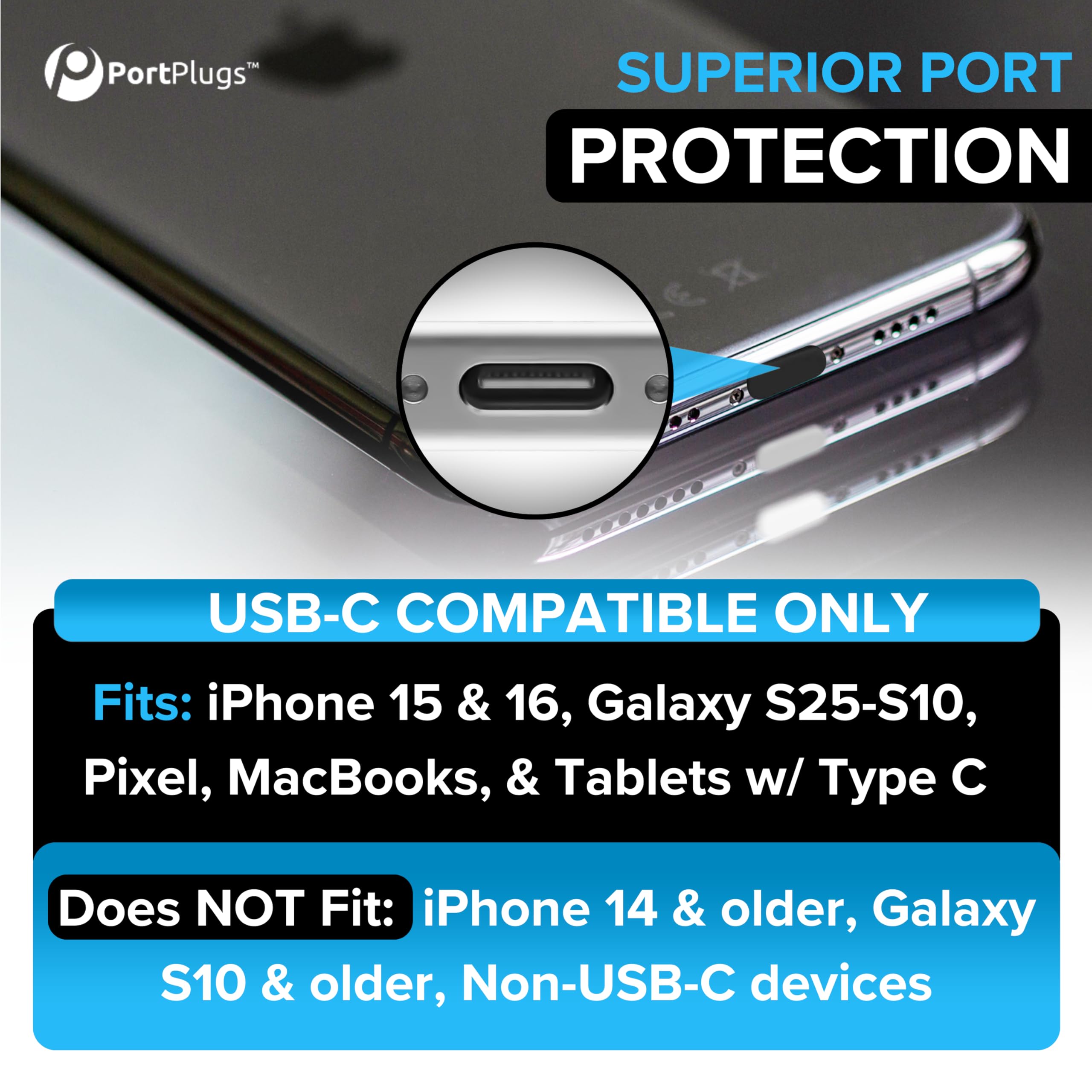 PortPlugs USB C Dust Plugs – Aluminum Protectors for iPhone 16/15, Samsung Galaxy S25/S24/S20, Note, A15, Pixel & Type-C Androids – Includes Cord Holders & Cleaning Brush | Gun Metal (2-Pack) 2