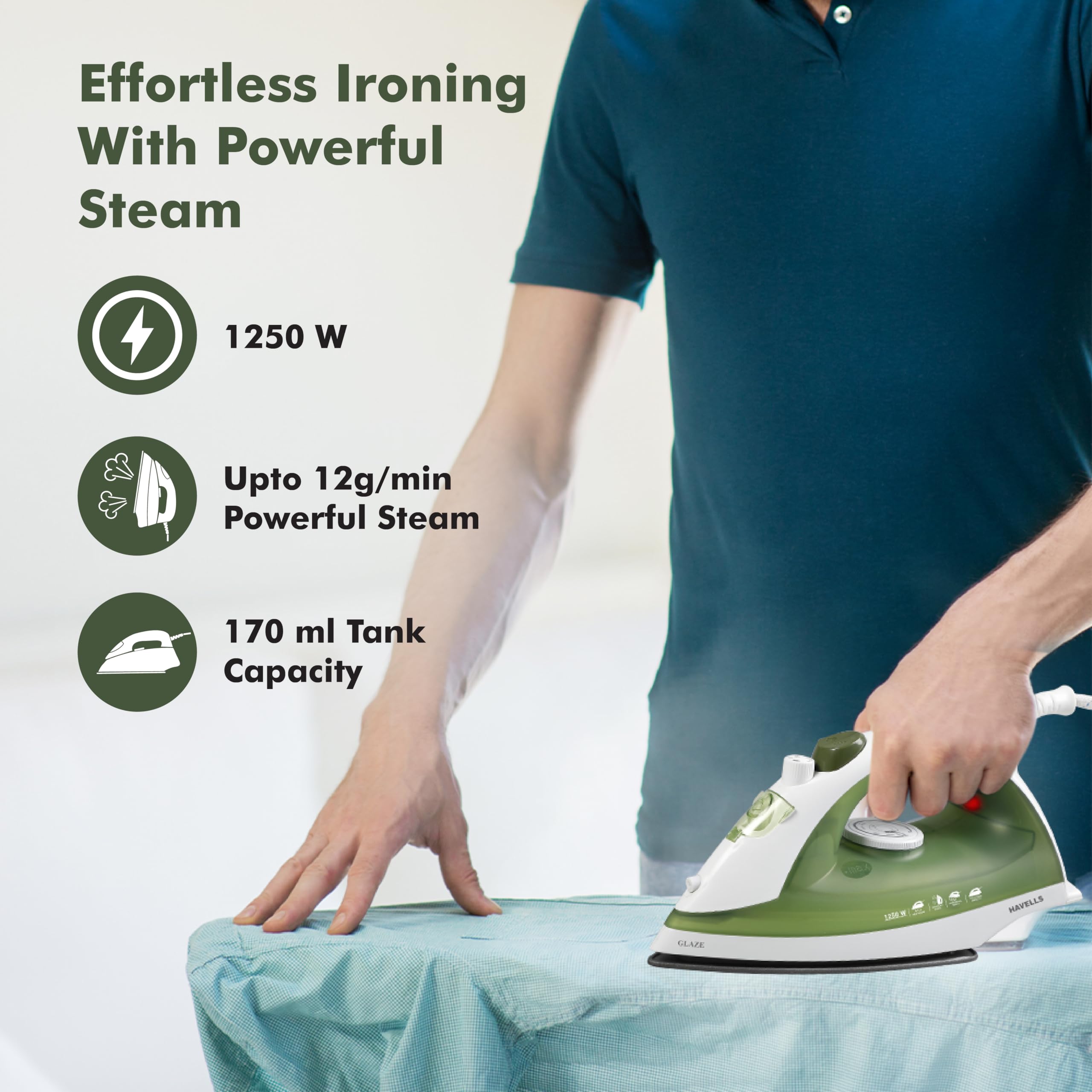 Havells Glaze 1250 Watts Steam Iron with Self Cleaning Function|Vertical & Horizontal Ironing|170 ml Tank for Longer Ironing|High Steaming Rate Upto 12 gm/min|2 Years Door Step Warranty by Havells 3