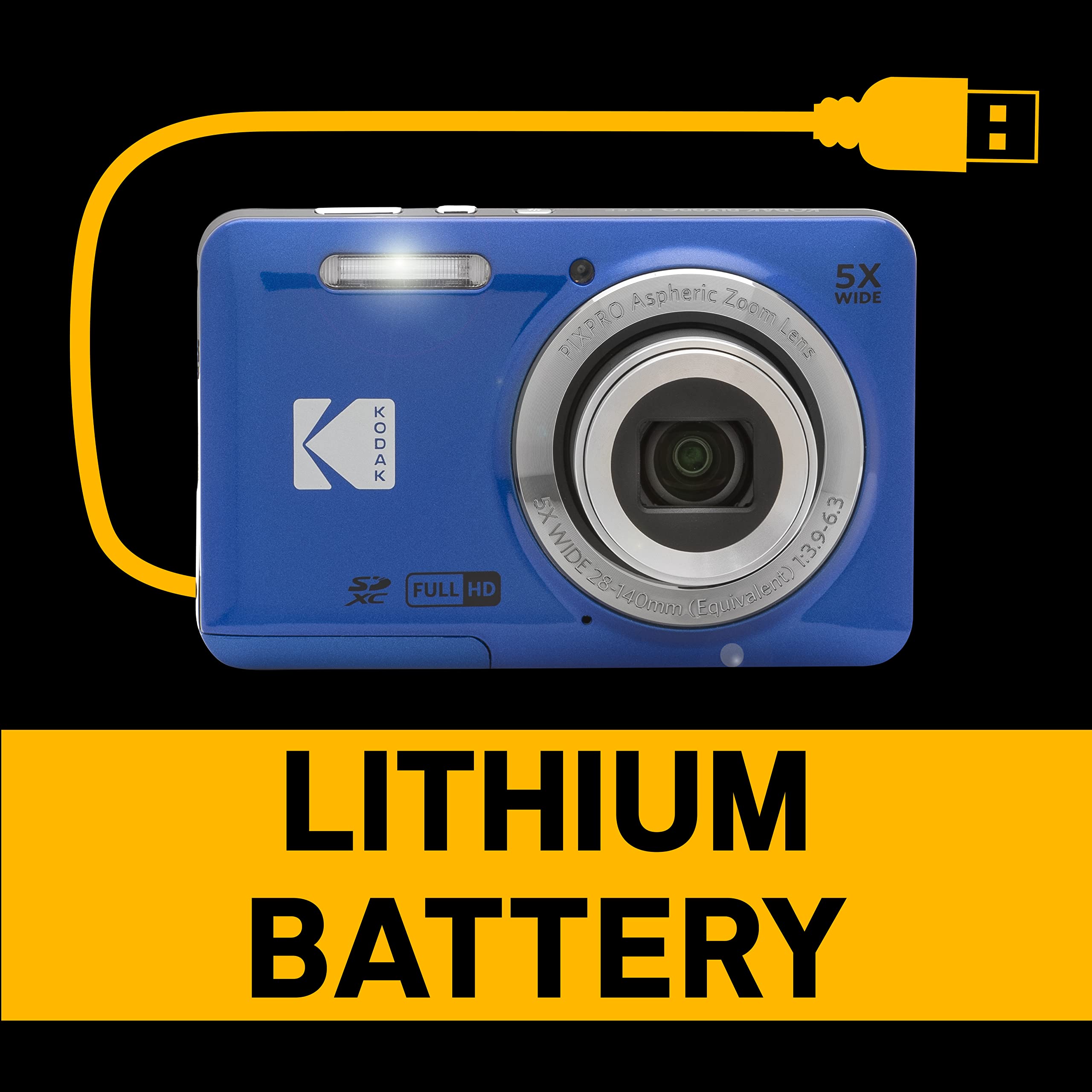 KODAK PIXPRO FZ55-BL 16MP Digital Camera 5X Optical Zoom 28mm Wide Angle 1080P Full HD Video Li-Ion Battery 2.7" LCD Vlogging Camera (Blue) 5