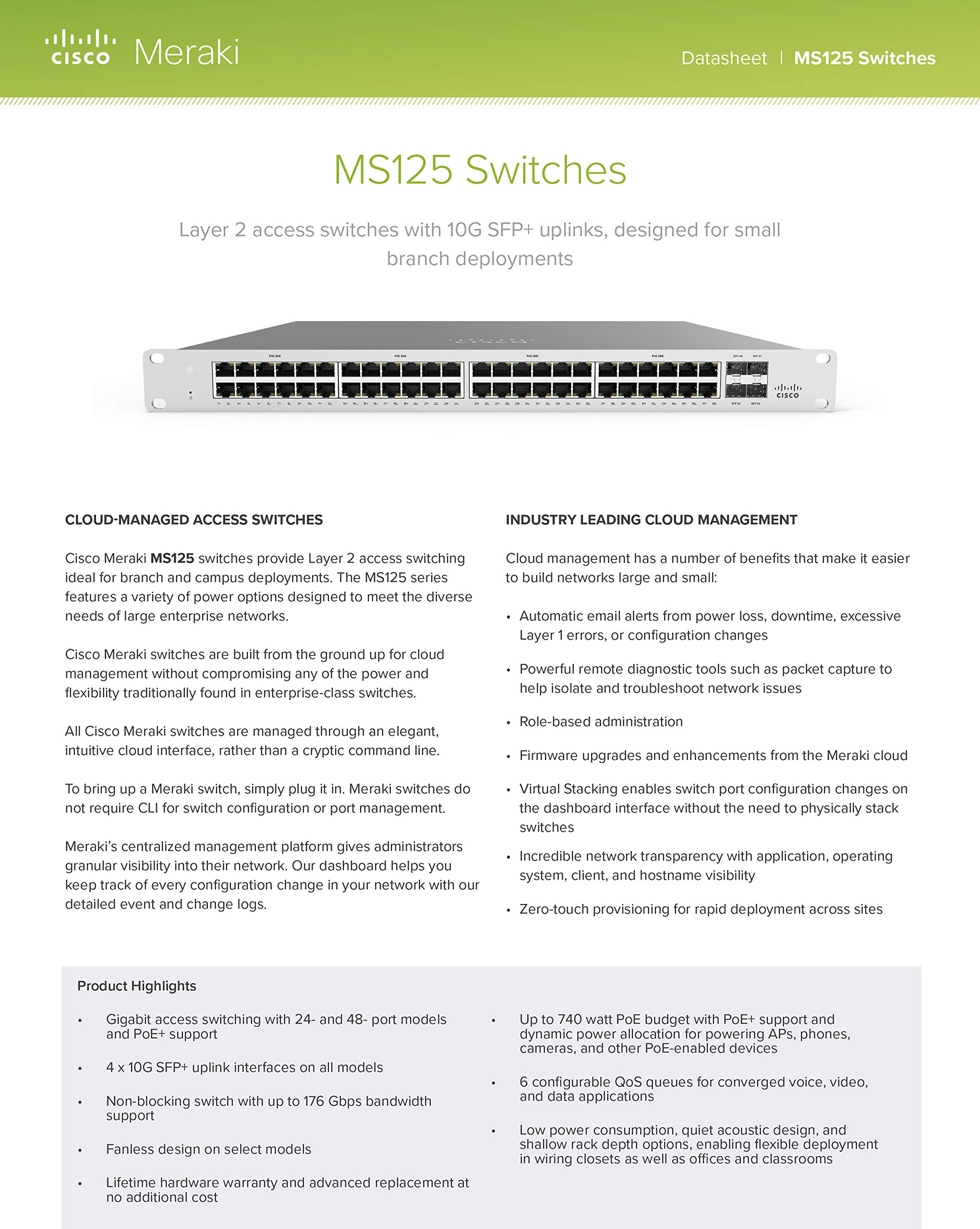 MS125-24-HW Cisco Meraki Cloud Managed Network Switch 3 Year Enterprise License LIC-ENT-3YR 3