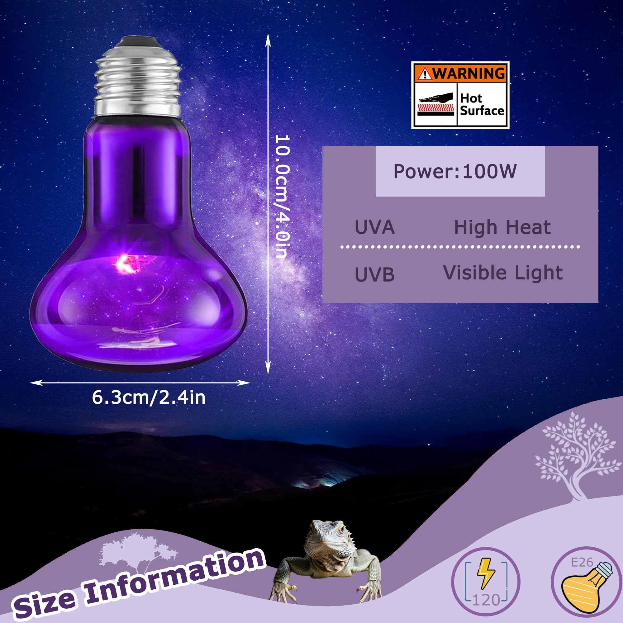 HARTOMPET 75W Reptile Night Light Bulb – Purple Basking Spot Lamp with Simulated Moonlight for Lizards, Chameleons, Snakes, Turtles, Amphibians – UVA Heat Light – 2 Pack | 3.2" 4