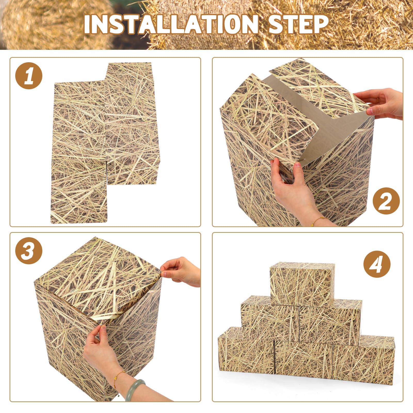 AmazingSpark 12pcs Hay Bales Paper Boxes Decor 15.7 x 9.8 x 9.8 Inch, Western Cowboy Party Straw Decor Box Photo Booth Props for Rustic Farm Country Farmhouse Retro Birthday Party Supplies 4