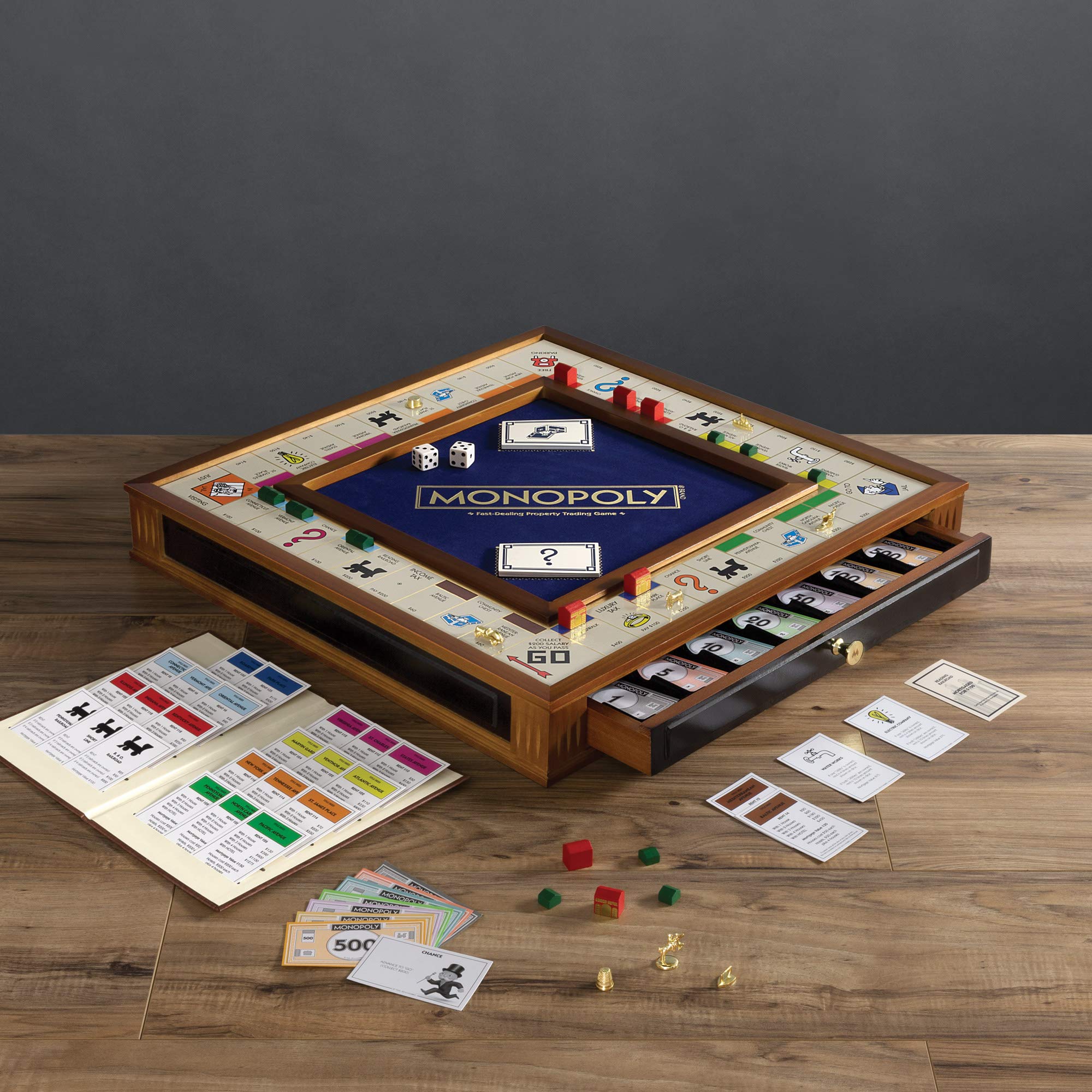 WS Game Company Monopoly Trophy Luxury Edition – Premium 2-Tone Wood Cabinet with Storage Drawers, Gold-Tone Tokens, Wooden Houses and Hotels – Display-Worthy Collectible Game 4