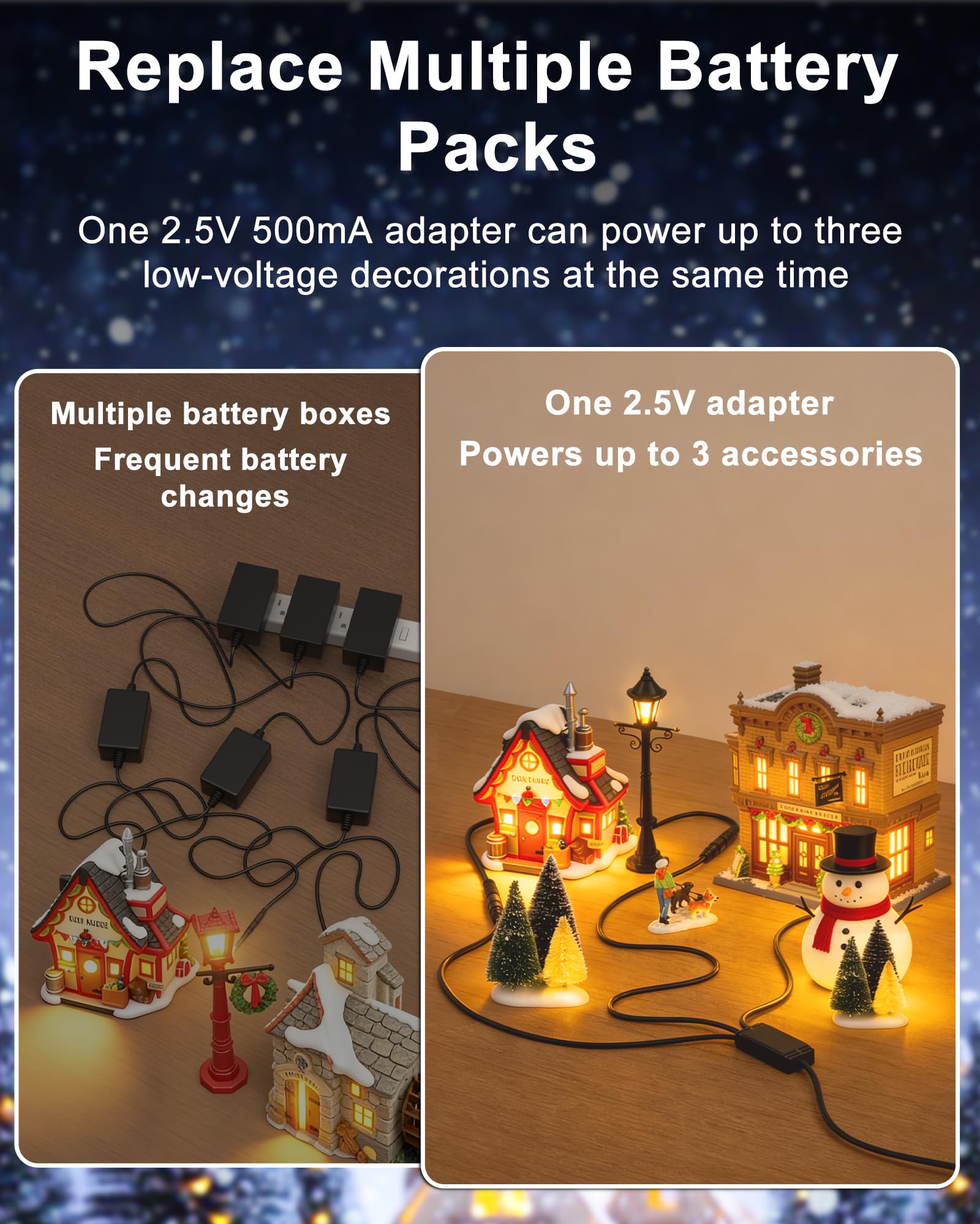 VHBW 3V Power Adapter Compatible with Department 56 Village Accessories, Compatible with Department 56 AC/DC Adapter 56.55026 5655026 55026, 3-Way 3.5mm Power Cord with 2.5mm Tips for C-Battery Box 6