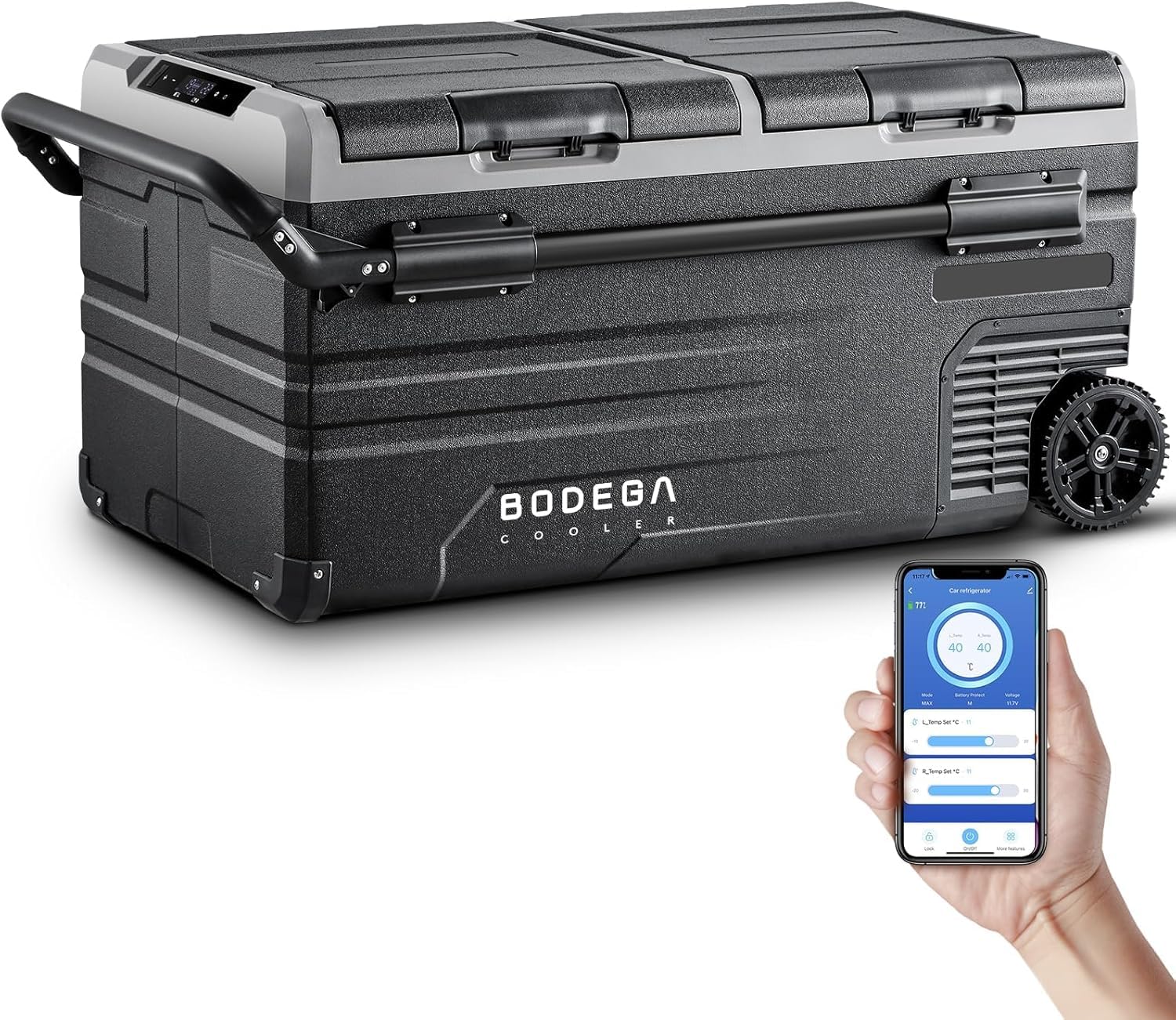 BODEGACOOLER 12 Volt Car Refrigerator, 100 Quart Portable Freezer, Car Fridge Dual Zone WIFI APP Control, -4℉-68℉ Cooler, 12/24V DC and 100-240V AC, for Travel, Camping, Outdoor,RV, black 1