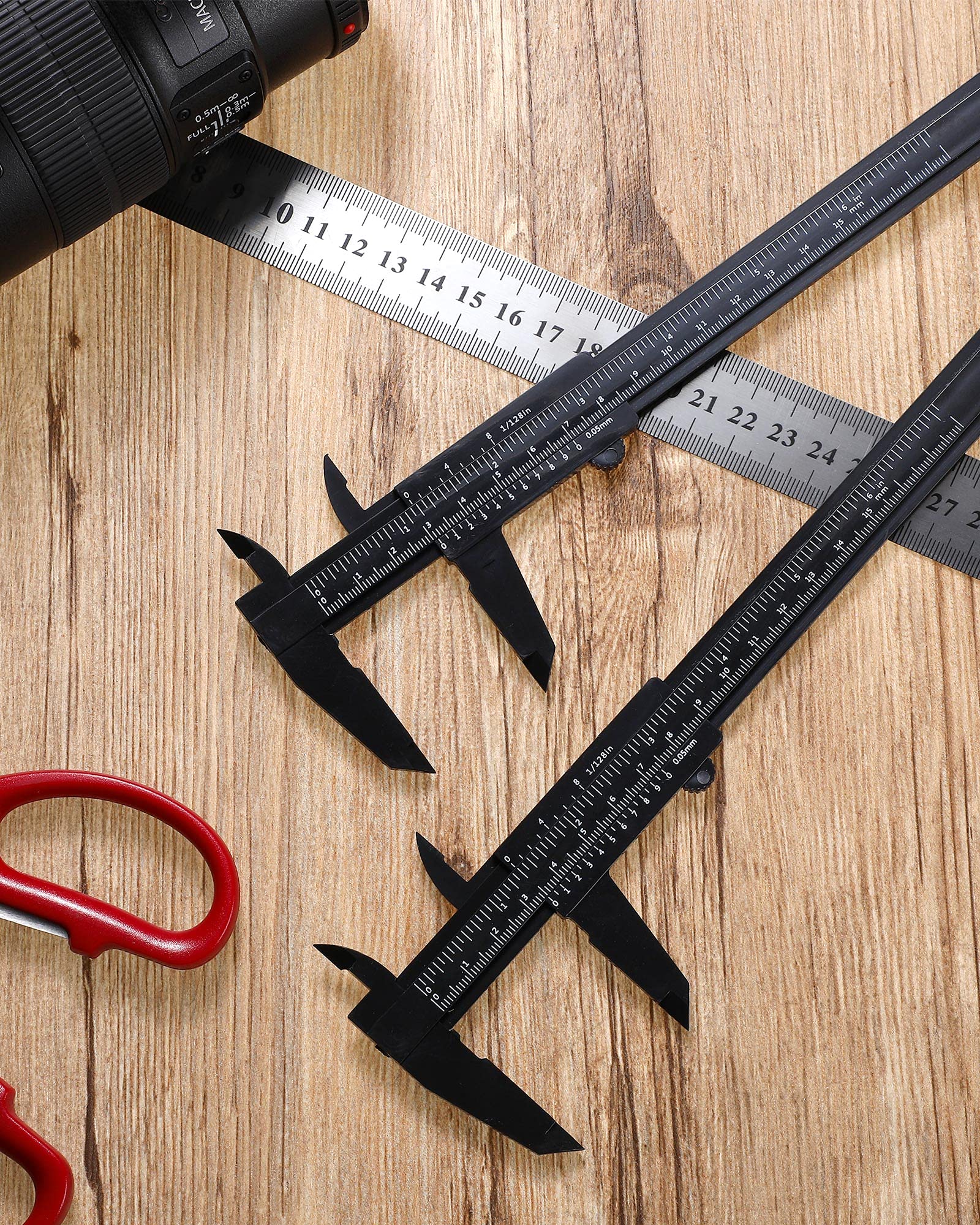 Frienda 20 Pcs Mini Plastic Caliper 6 Inch 150 mm Vernier Caliper Double Scale (Metric/inch) Black Eyebrow Ruler Plastic Vernier Ruler Sliding Gauge Measuring Tattoo Brow Tool for Student Office 6