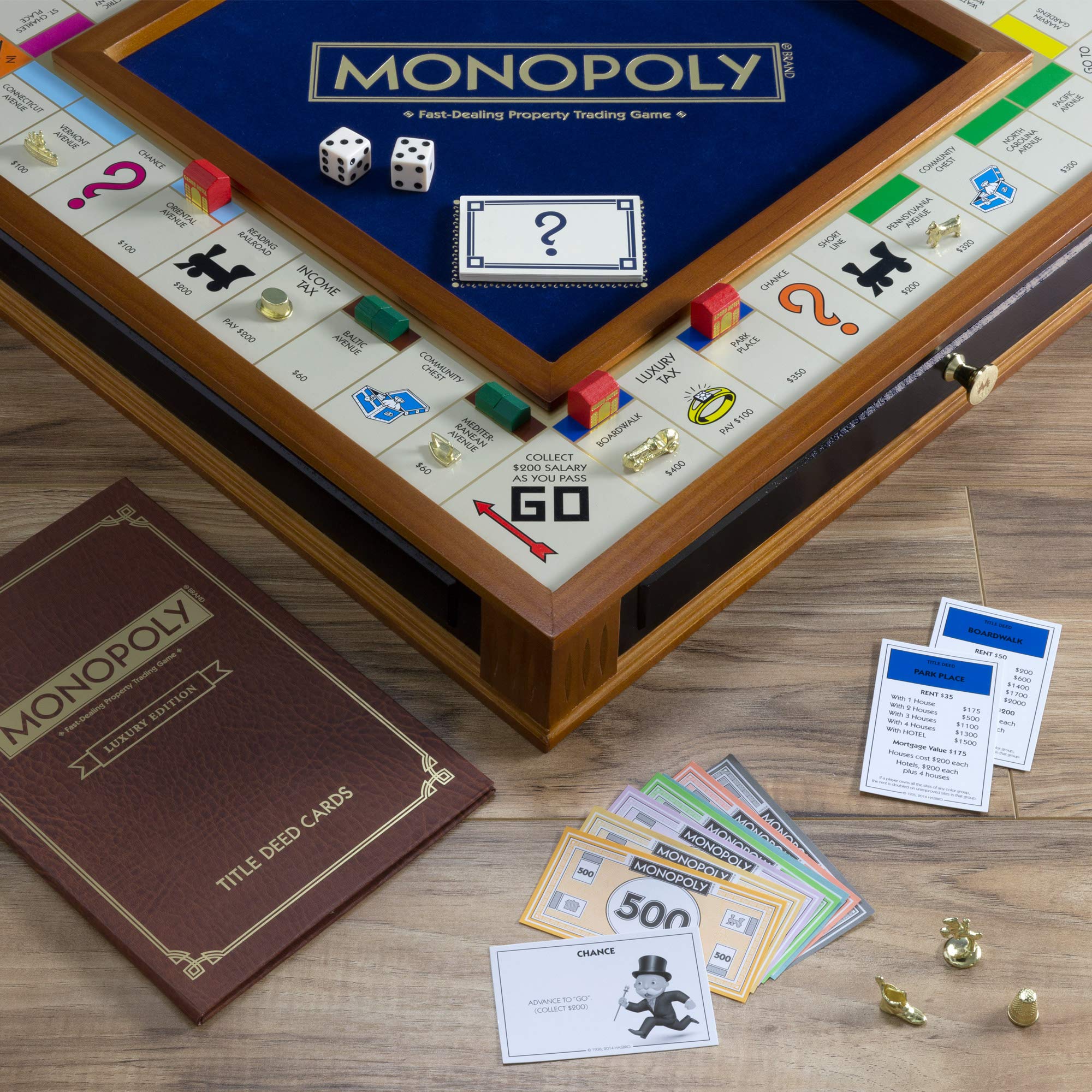 WS Game Company Monopoly Trophy Luxury Edition – Premium 2-Tone Wood Cabinet with Storage Drawers, Gold-Tone Tokens, Wooden Houses and Hotels – Display-Worthy Collectible Game 3