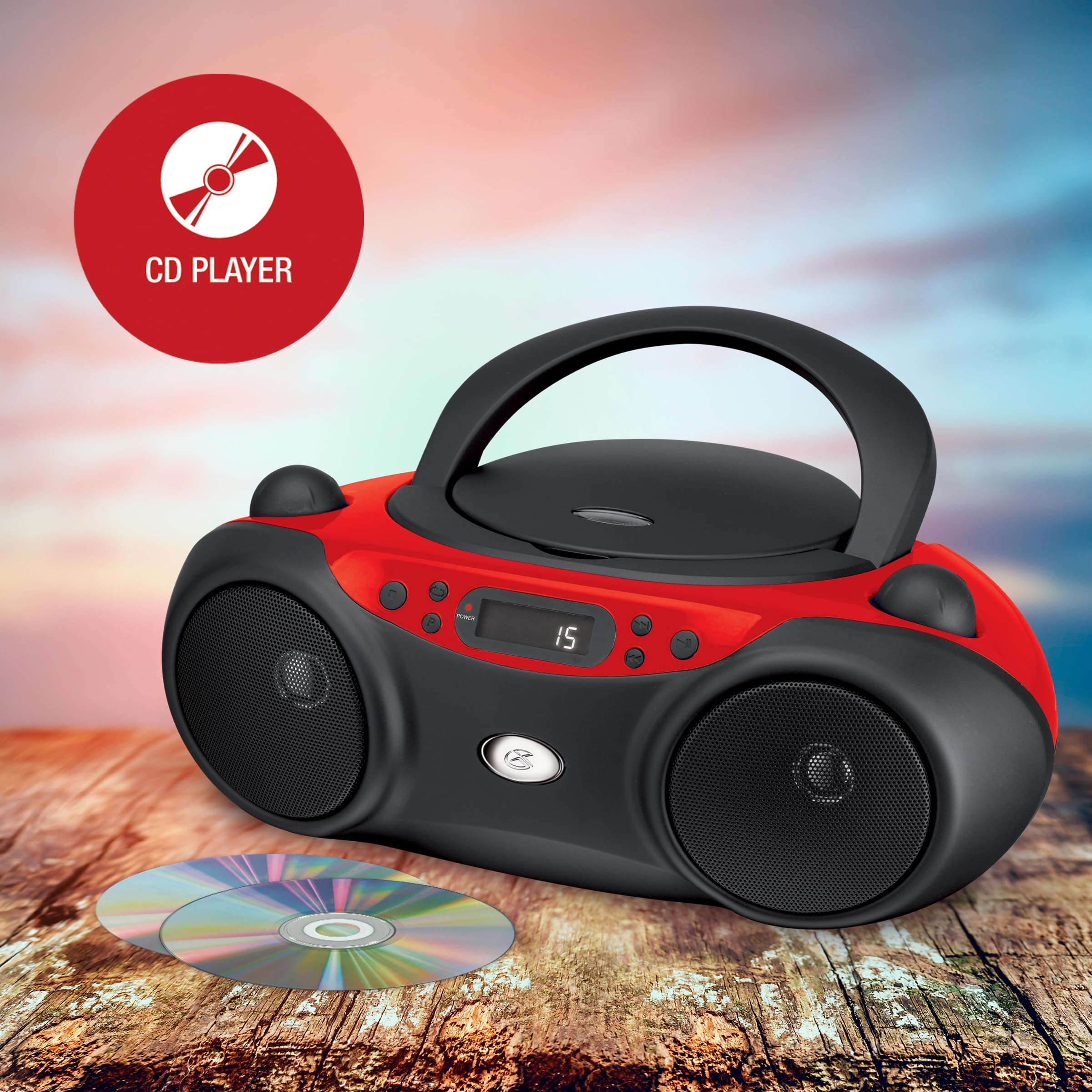 GPX BC232R Portable Top-Loading CD Boombox with AM/FM Radio and 3.5mm Line in for MP3 Device - Red/Black 2