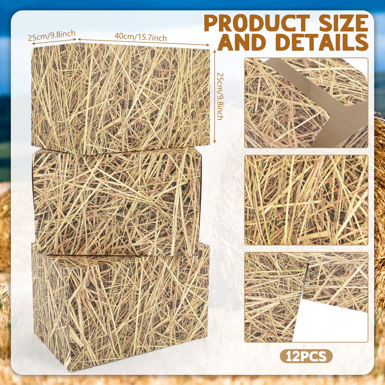 AmazingSpark 12pcs Hay Bales Paper Boxes Decor 15.7 x 9.8 x 9.8 Inch, Western Cowboy Party Straw Decor Box Photo Booth Props for Rustic Farm Country Farmhouse Retro Birthday Party Supplies 3