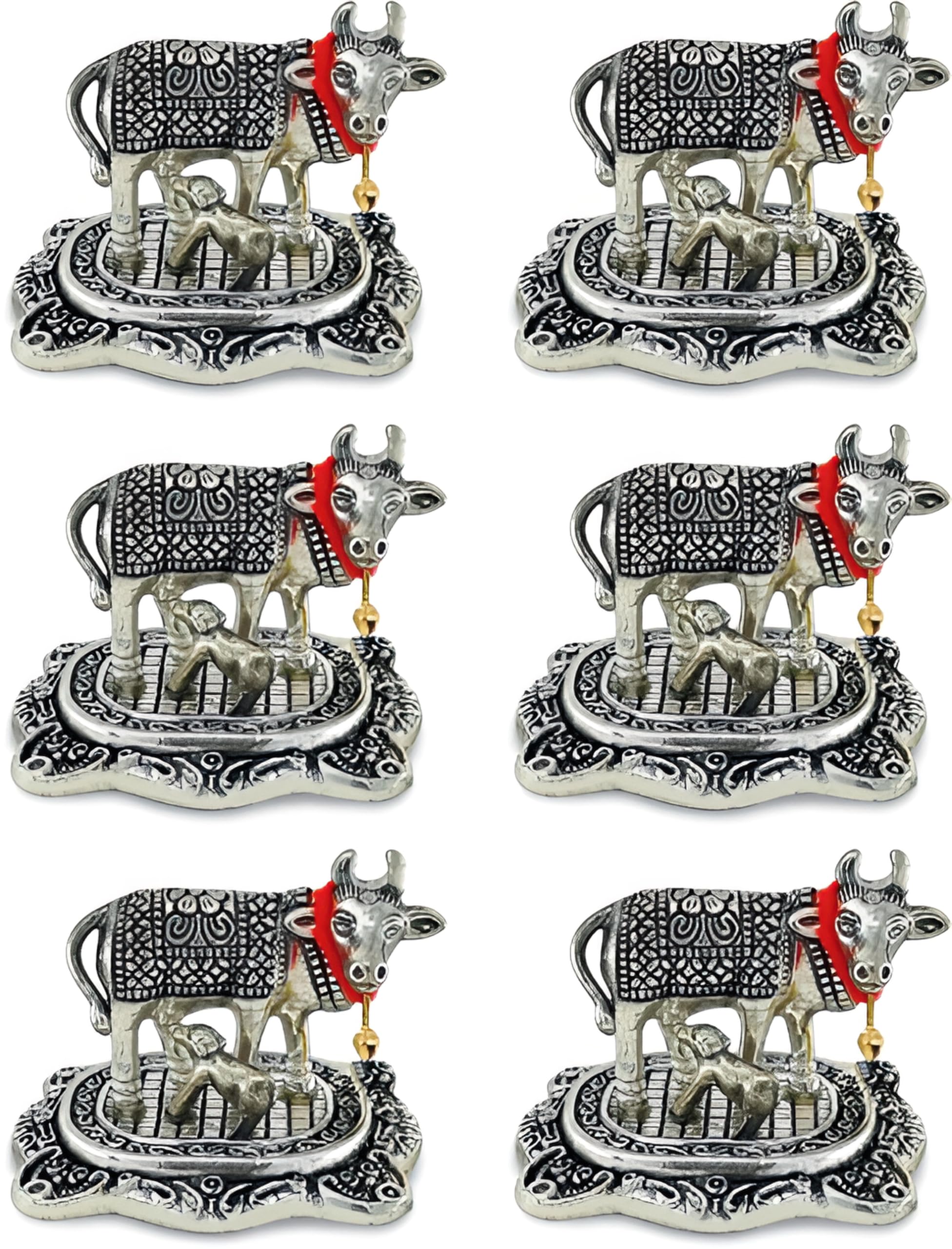 LABHCART Decorative Silver Metal Cow Statue with Bell, 7.6 x 6.4 cm, Traditional Design,Pack of 6 1