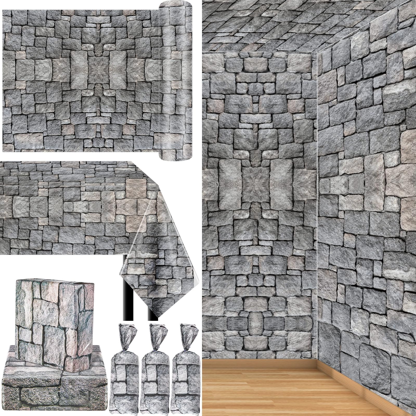 164 ft Brick Wall Backdrop Stone Wall Scene Setter Medieval Castle Wallpaper Curtains Door Cobblestone Tablecloth Photo for Halloween Wallpaper Medieval Party Decor Castle Knight Themed Party Supplies 1