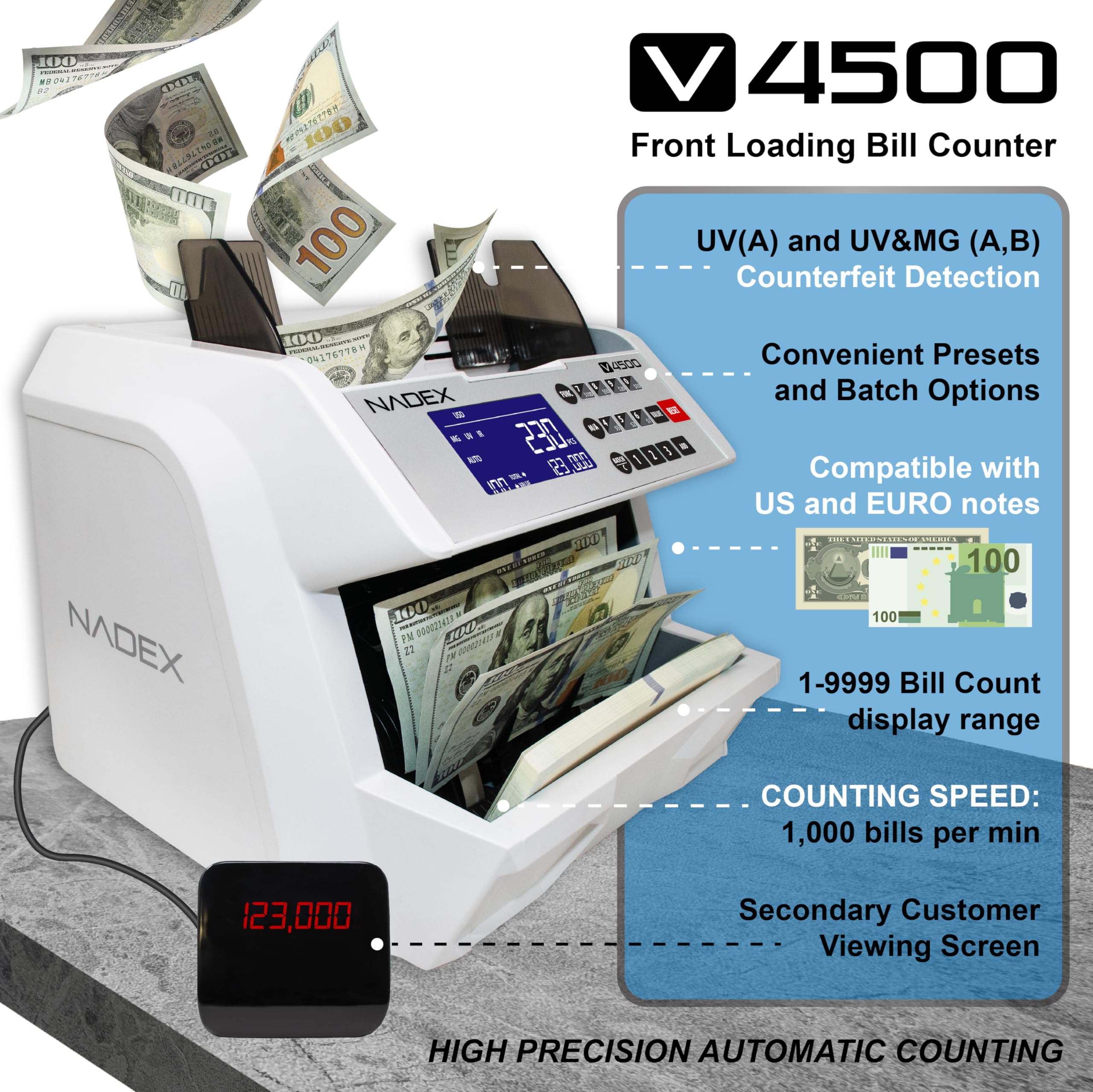 Nadex V4500 Front Loading Bill Counter with Advanced Counterfeit Detection 3