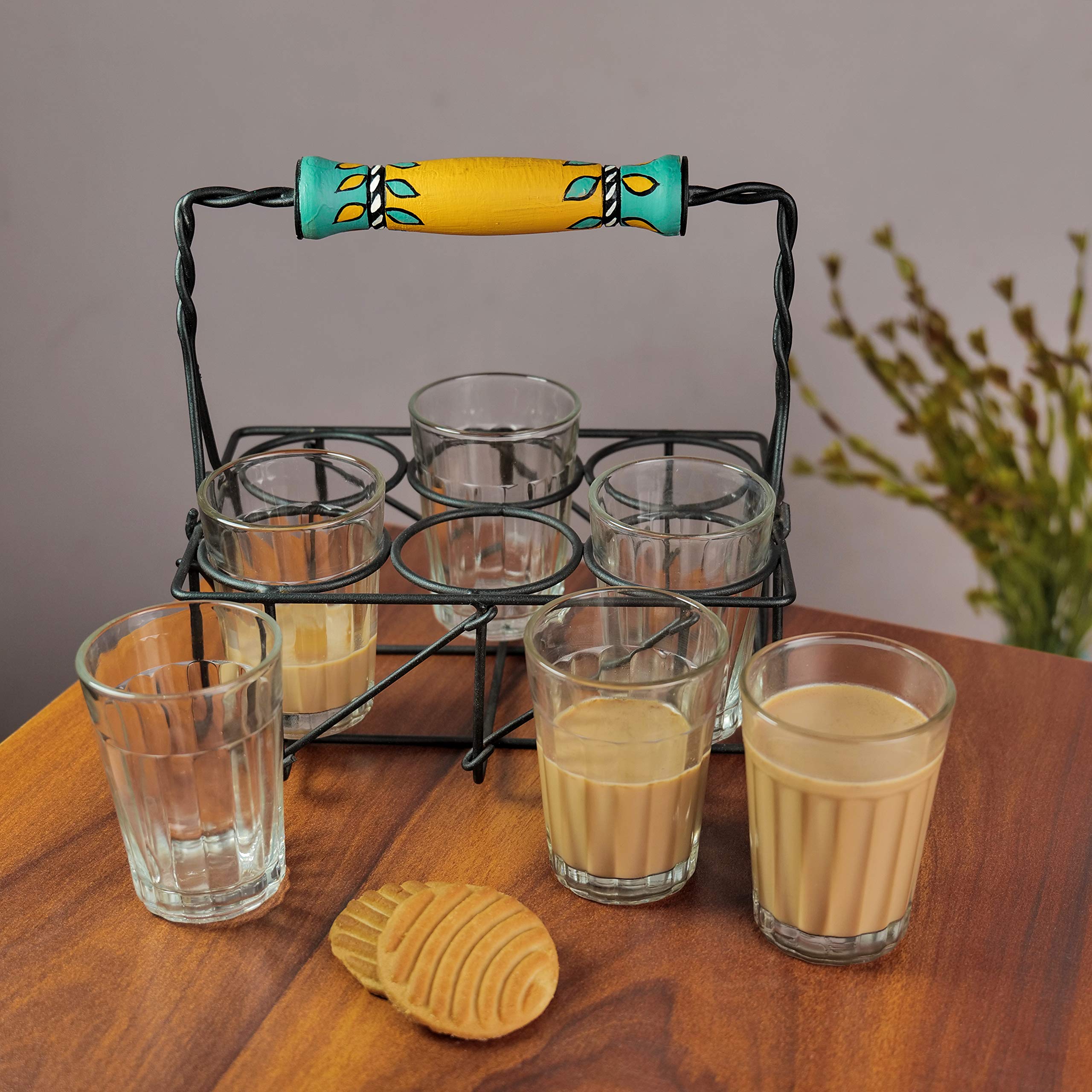 ARTYSTA BEAUTIFYING LIVES 'Leaflet Transparent' Cutting Chai Glasses With Stand | Tea Glass Set Of 6 With Stand | Dhaba Style Tea Glass Holder Carrier (Wrought Iron), 120 ML 1