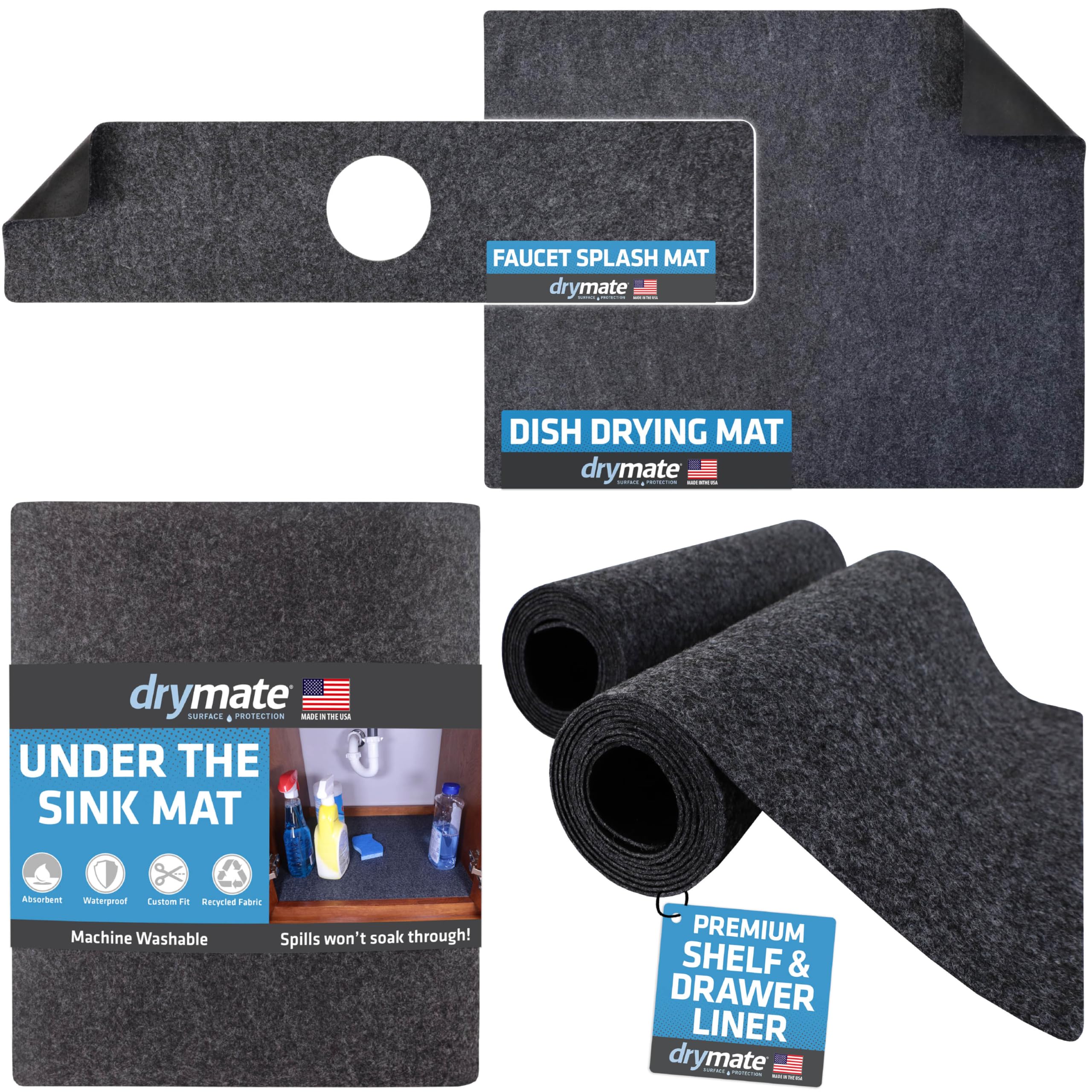 Drymate Shelf & Drawer Liners Size 11"x50" 2-Pack, XL Under Sink Mat Size 24"x59", Dish Drying Mat Size 19"x24" & Faucet Splash Mat 18" x 4.33", w/ 2.5" Hole, Charcoal Color, USA Made, 4 Item Bundle 1