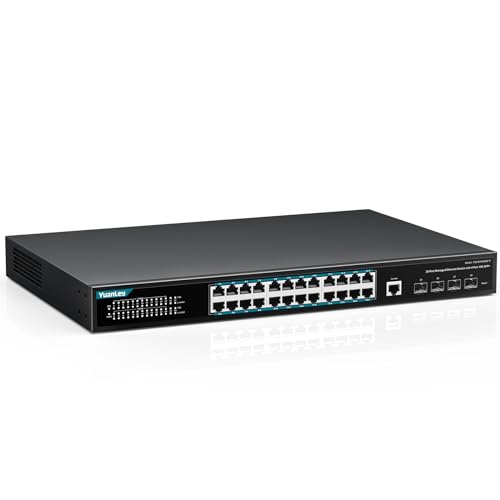 YuanLey 28 Port Gigabit Managed PoE Switch with 24 10/100/1000Mbps PoE+ Ports, 4X 10Gbps SFP+, L3 Smart Managment Ethernet Switch, VLAN, QoS, ACL, SSL, Fanless, Rackmount Network Switch