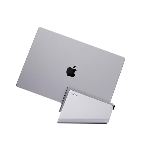 tyonit TiltSnap Vertical Laptop Stand for MacBook, Auto Thunderbolt4 USB-C Connection, Seamless Connection to The Docking Station or Display, 40Gbps, 100W PD (Silver, MacBook Pro 16" (M1/M2/M3))