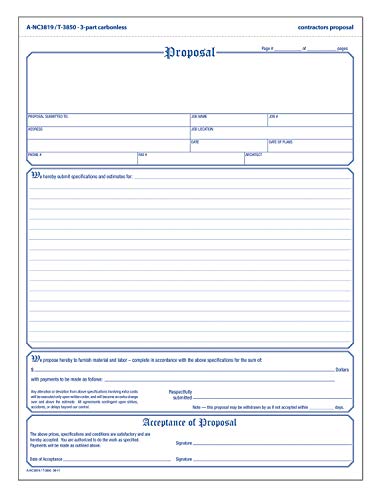 Adams Contractor's Proposal Forms, 8.5 x 11.44 Inch, 3-Part, Carbonless, 50-Pack, White, Canary and Pink (NC3819)