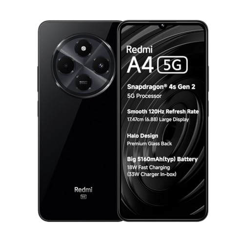 Redmi A4 5G (Starry Black, 4GB RAM, 64GB Storage) | Global Debut SD 4s Gen 2 | Segment Largest 6.88in 120Hz | 50MP Dual Camera | Free 33W Charger in Box