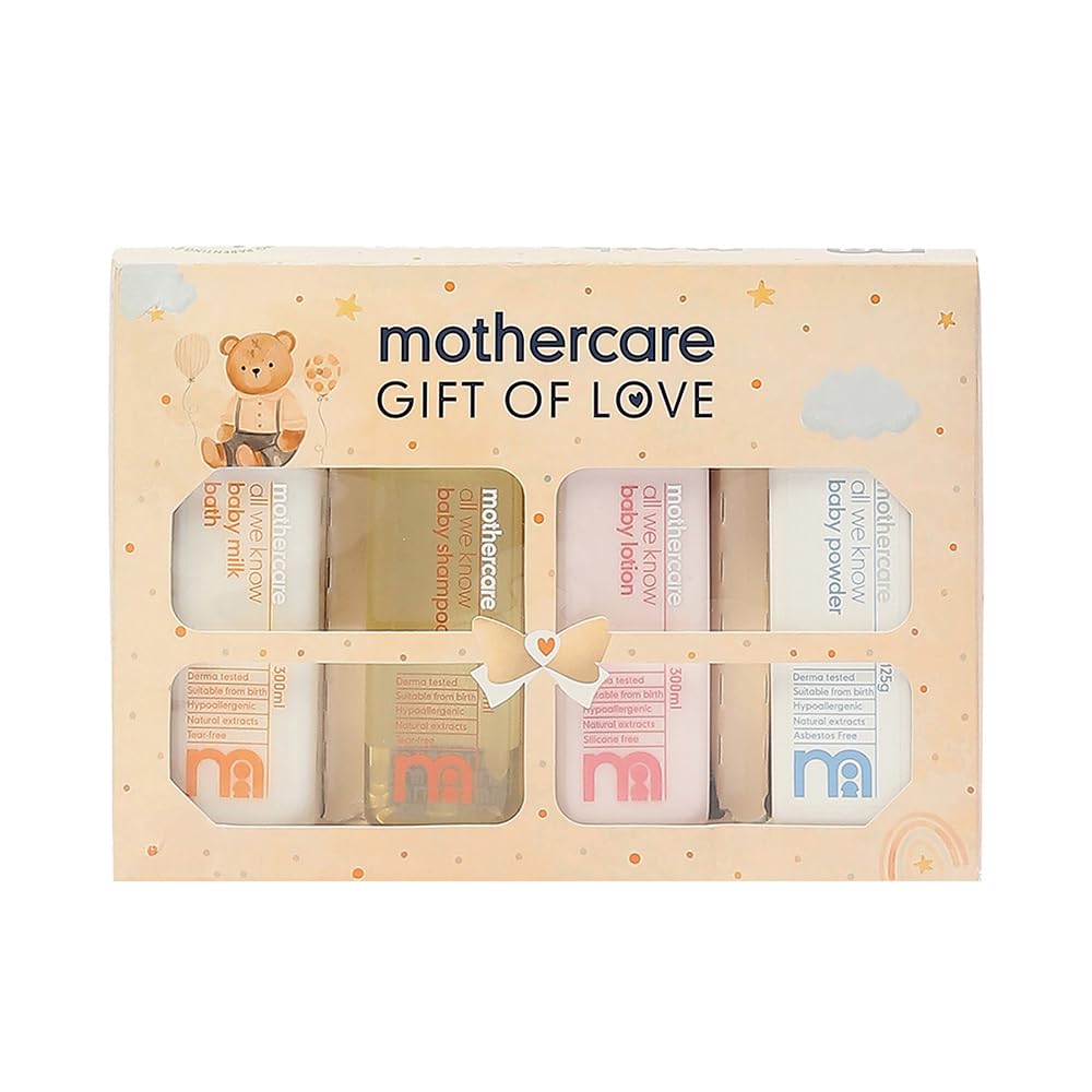 Mothercare Gift Set for Babies | Baby Gift Box (Pack of 4) | Bath Milk, Lotion, Shampoo 300ml Each & Powder 125g |