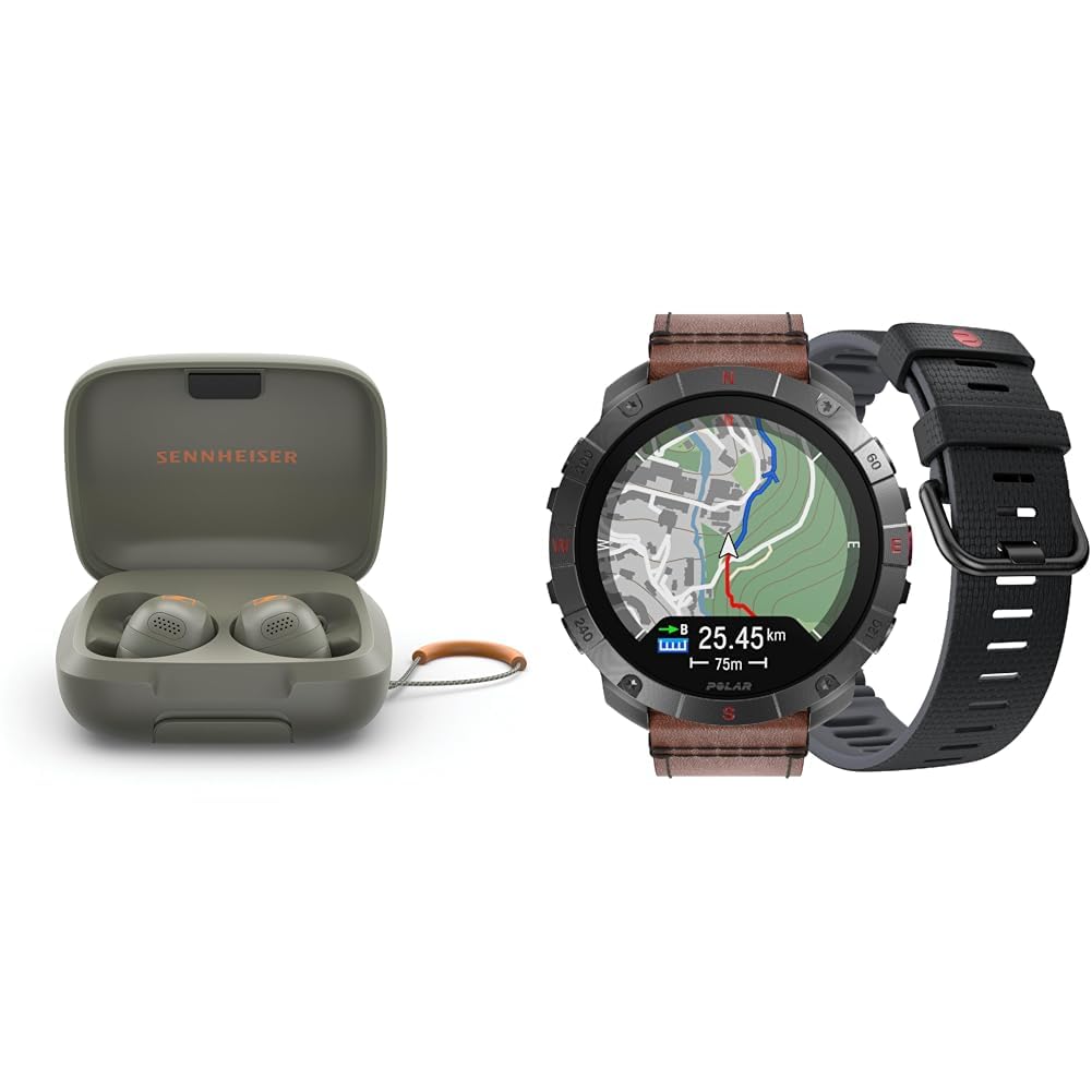 Sennheiser Momentum Sport (Olive) Earbuds with Crystal-Clear Sound and Adaptive ANC Bundle with Polar Grit X2 Pro (Titan) Premium GPS Smart Sports Watch, Advanced Navigation, and Heart Rate Tracking
