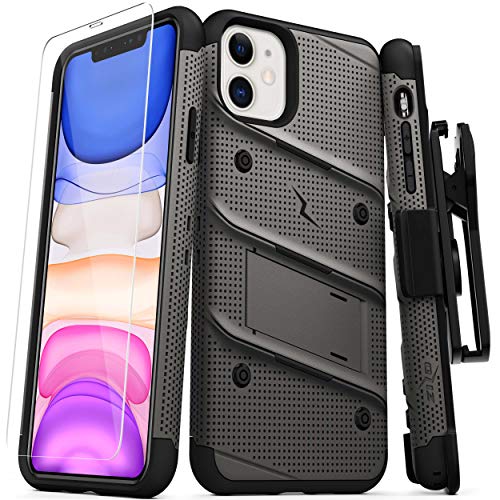 Zizo Bolt Cover - Case for iPhone 11 with Military Grade + Glass Screen Protector & Kickstand and Holster (Metal Gray/Black)