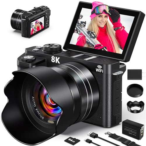 8K Digital Cameras for Photography - WiFi 88MP Autofocus Vlogging Camera for YouTube with 3" 180° Flip Screen - UHD Video Camara Gifts for Beginner Photographer with 18X Zoom, Lens Hood, 64GB Card