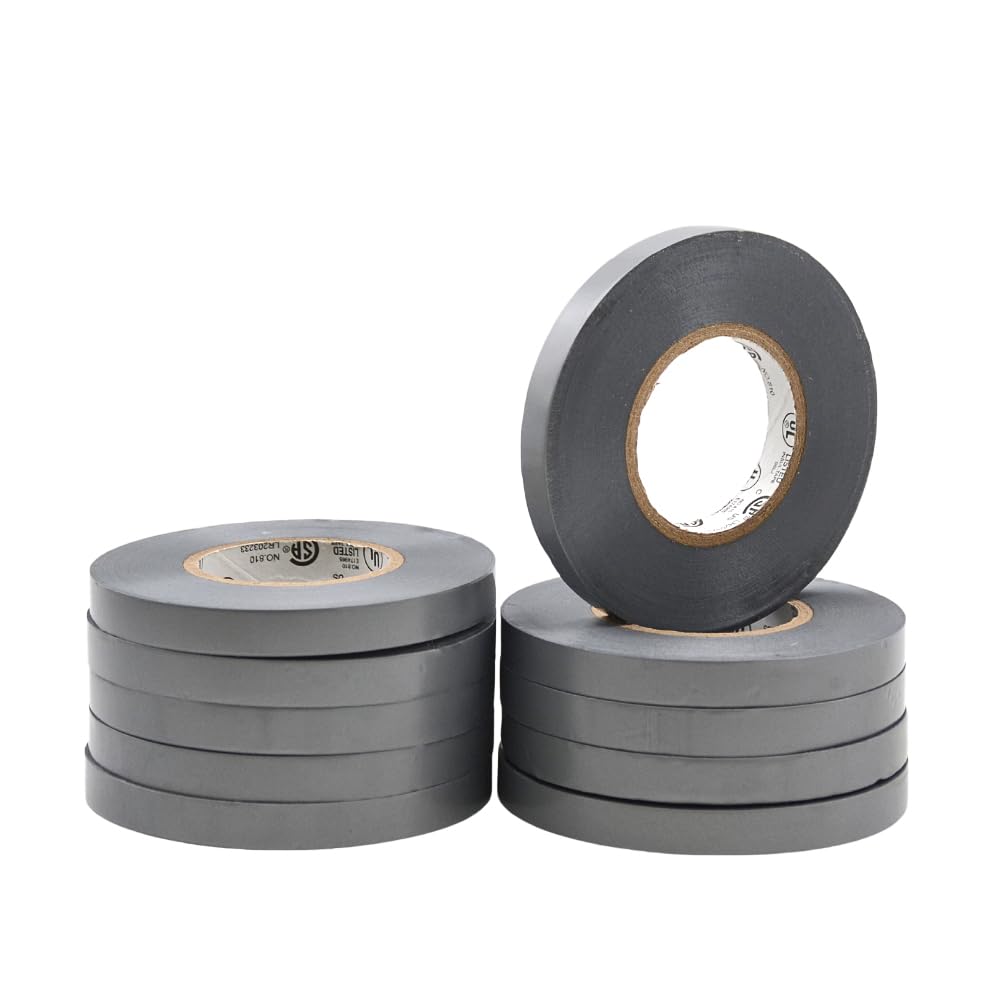 MAT Professional Grade Thin Electrical Tape Gray - 3/8 inch x 66 ft. UL/CSA listed core (Pack of 10) - Waterproof, Flame Retardant, & Strong Rubber Based Adhesive for Use At No More Than 600V & 176F