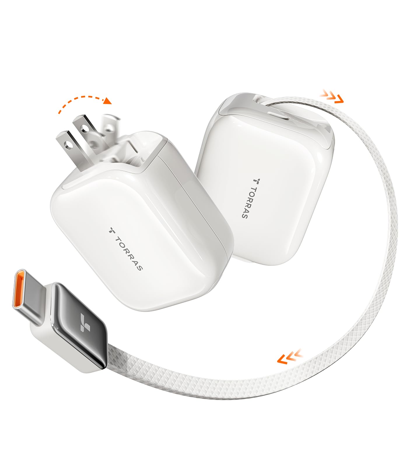 Torras FlexLine Retractable Charger, 35W GaN III USB-C Charger Block with Dual Ports, Phone Charger Fast Charging for iPhone 17/16/15, Samsung Galaxy S26 Ultra/S25, Pixel, iPad Pro, Airpods Pro