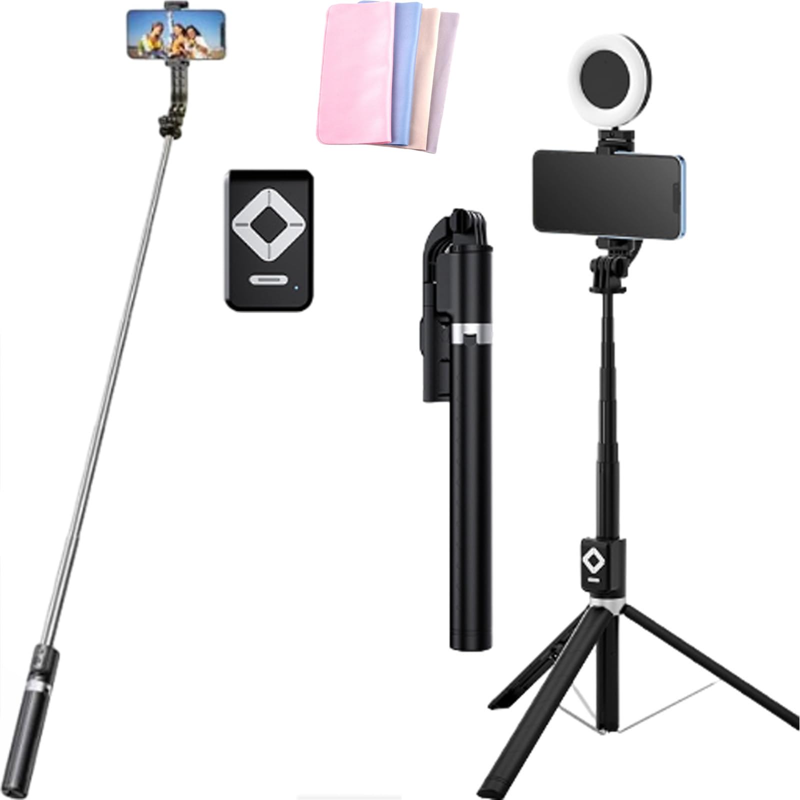 2024 Upgraded 67" Phone Extendable Tripod Wireless Bluetooth Selfie Stick, Phone Stand Selfie Stick Tripod Easy Stand and Go, Selfie Stick Tripod with Remote (Black, One Light)