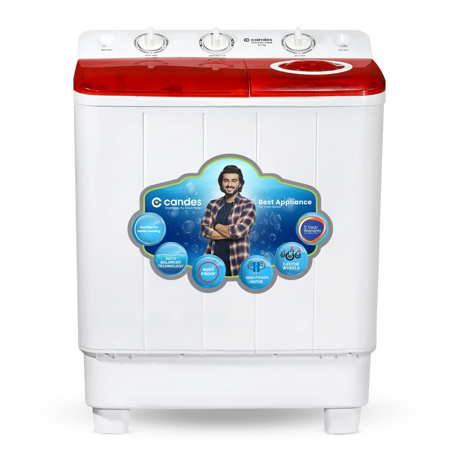 Candes 6.5 kg washing machine semi automatic | Multi Washing Method | Low Water Conusmption | 5 Year Warranty on Moter | (CTPL65PL1SWM), Marron Red 2023 Model