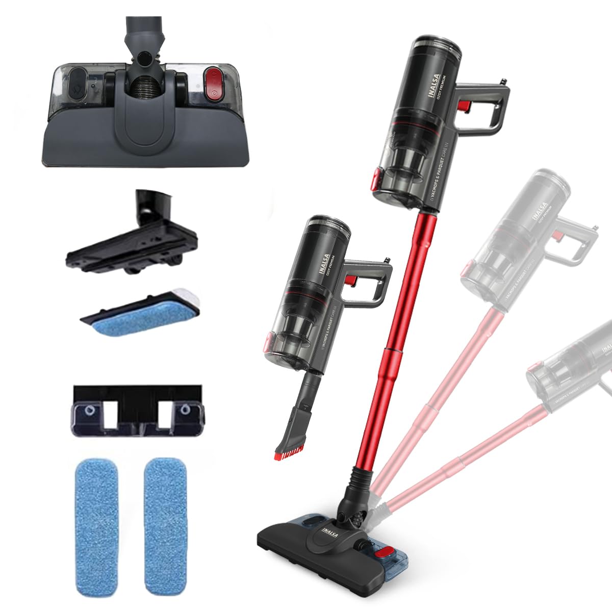 Inalsa Vacuum Cleaner with Mop for Floor Cleaning|900 W Motor with Strong 18 KPA Suction|Electric Mop for Floor Cleaning|5 Level Efficient Filtration|Handheld Vacuum Cleaner for Home(Ozoy Premium),Red