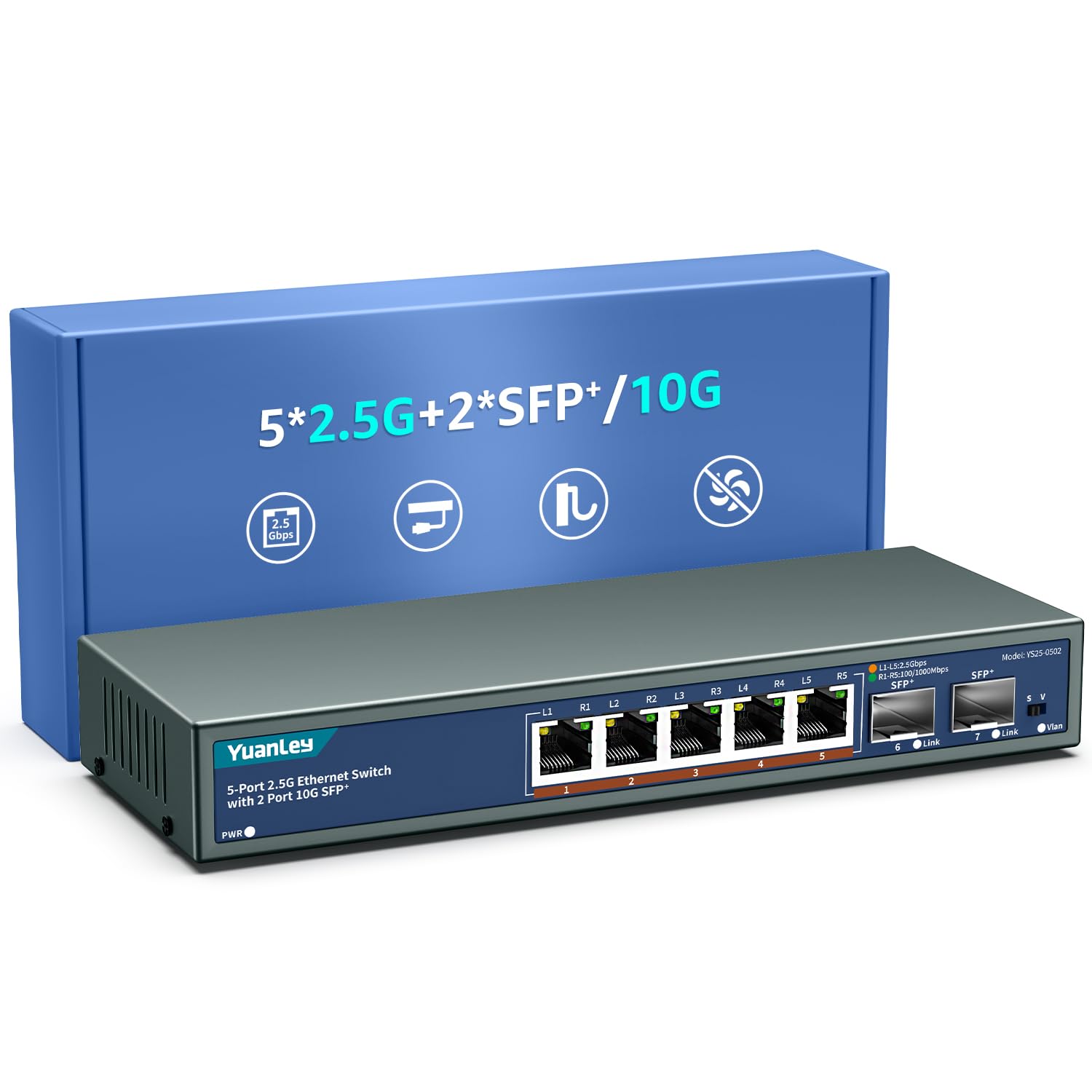 7 Port 2.5G Unmanaged Ethernet Switch, 5 x 2.5G Base-T Ports, 2 x 10G SFP, Compatible with 100/1000/2500Mbps, VLAN, Fanless, Desktop/Wall Mount YuanLey 2.5Gbe Network Switch for Wireless AP, NAS, PC